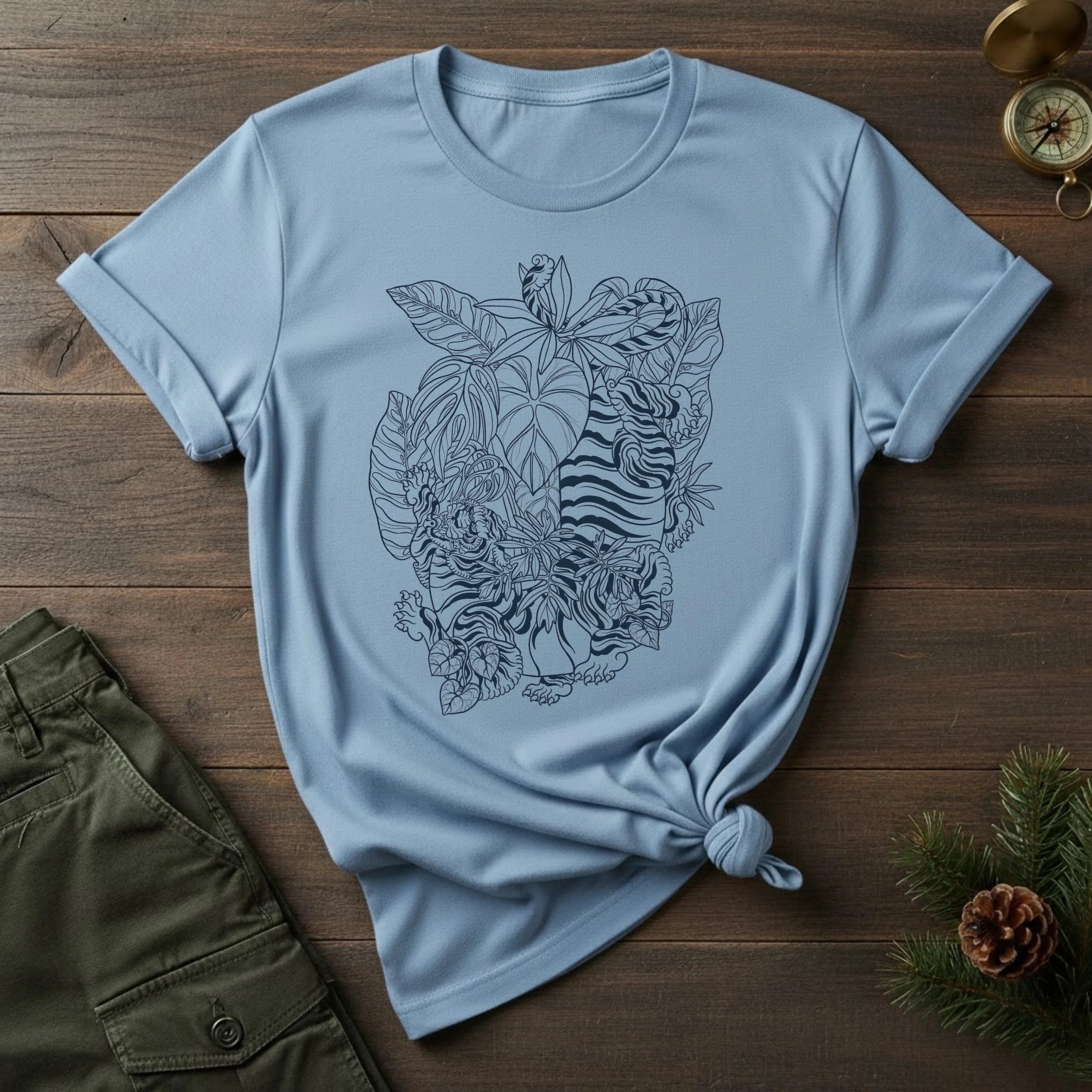 Tiger Floral Sketch T-Shirt — Botanical Line Art Tiger Tee