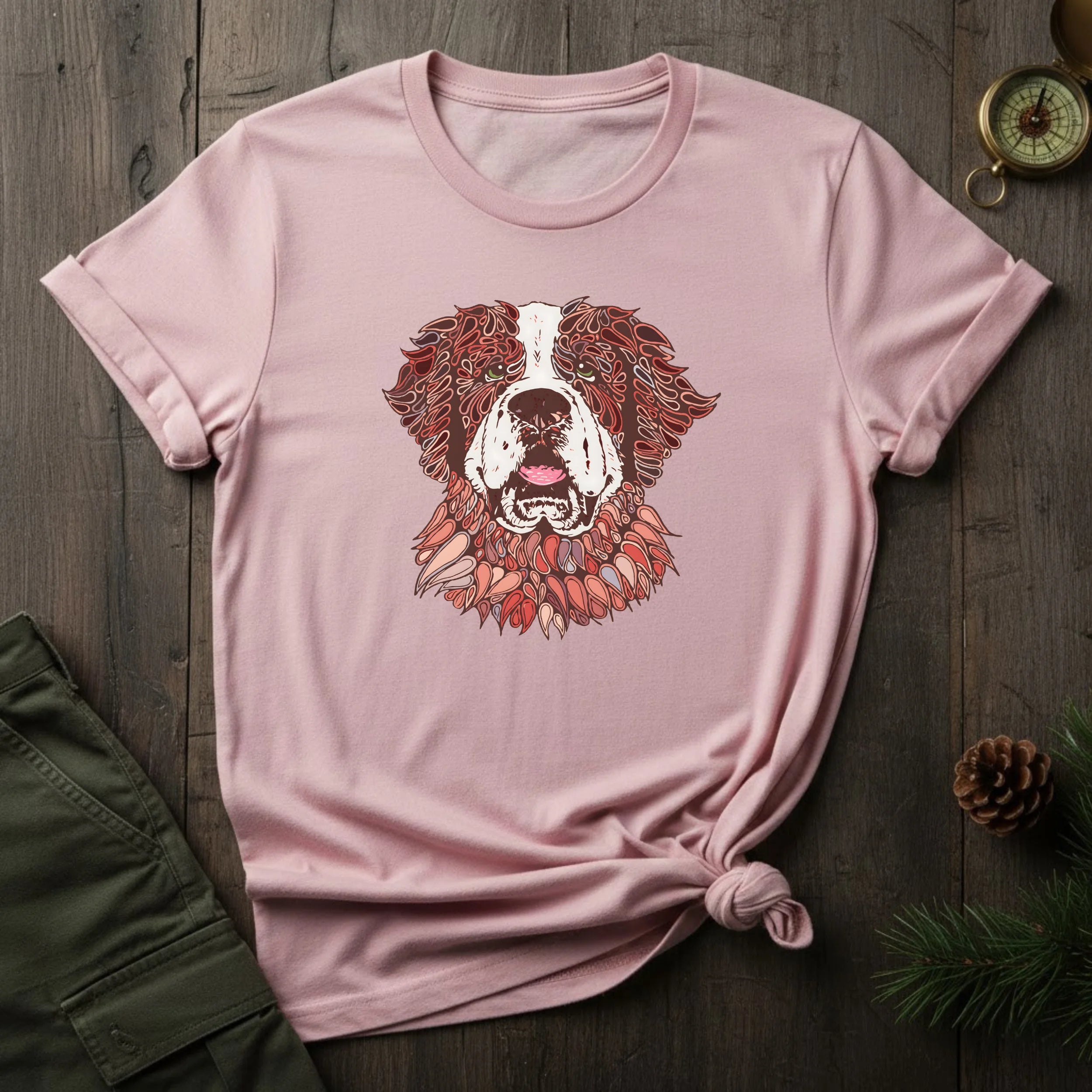 Saint Bernard Floral Portrait T-Shirt — Rustic Dog Lover Tee