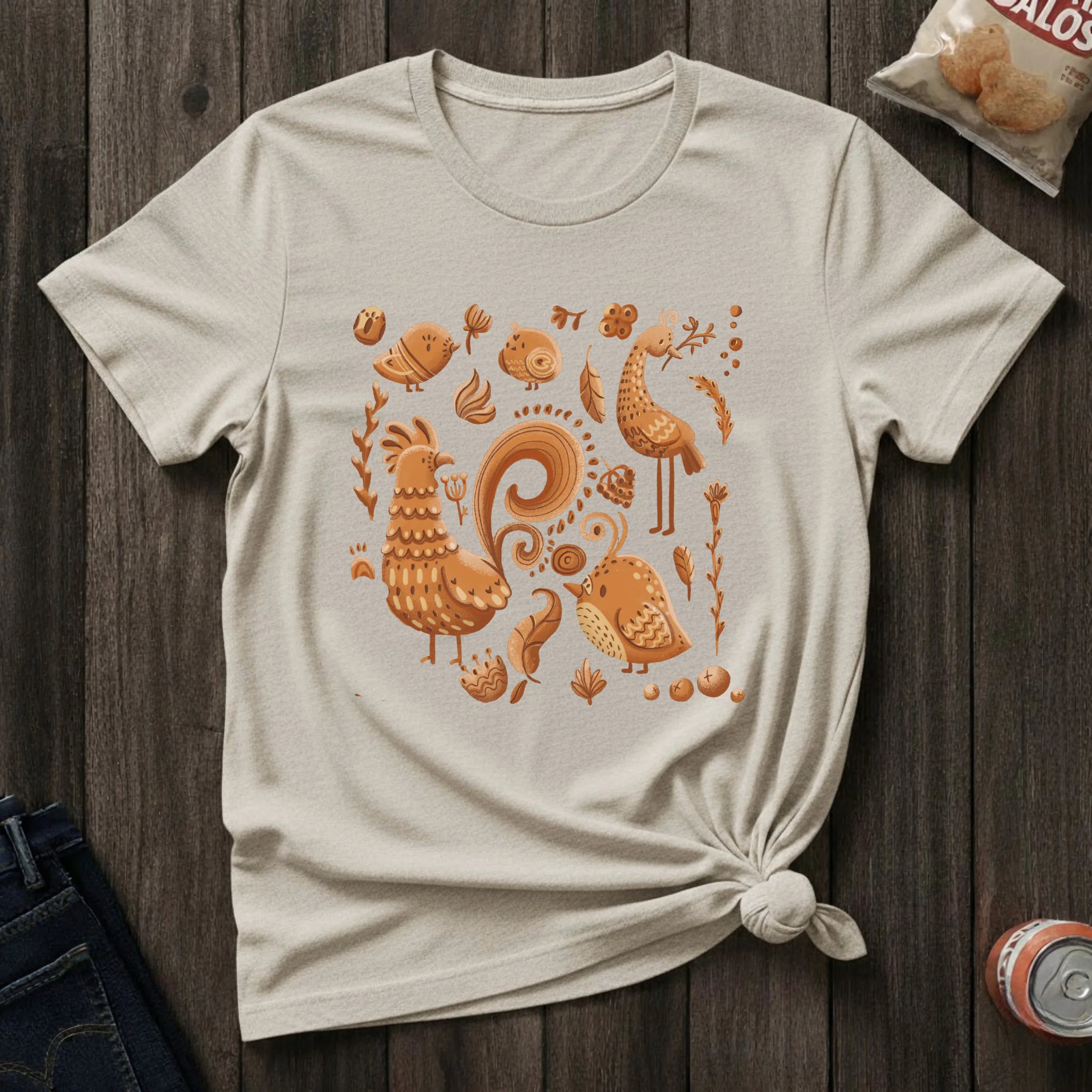 Rust Folk Birds T-Shirt — Autumn Harvest Rooster Graphic Tee