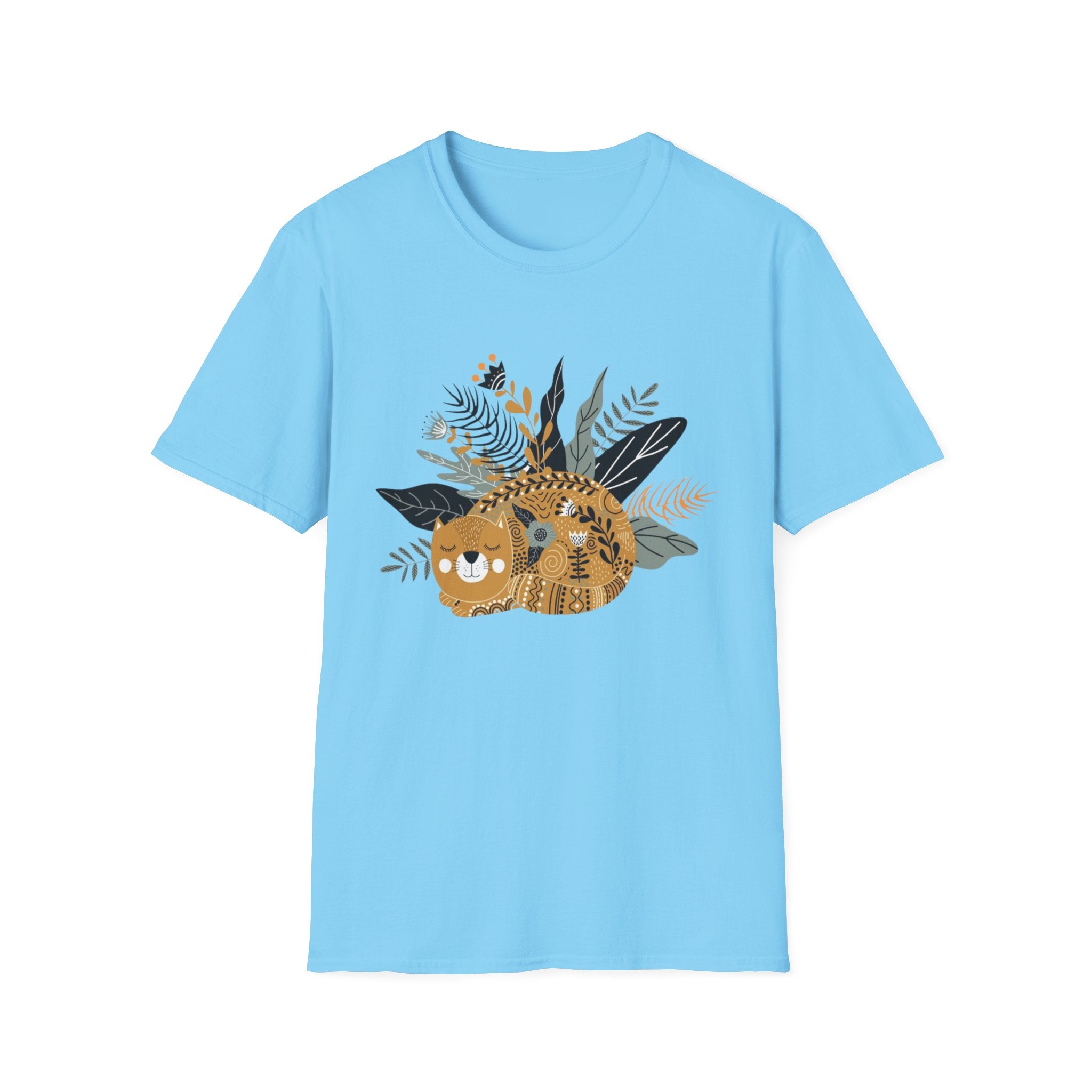 Cat Floral Tee — Cozy Patterned Cat with Botanical Leaves T-Shirt