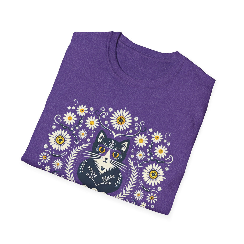 Cat Floral T-Shirt — Folk Art Kitty with Daisies
