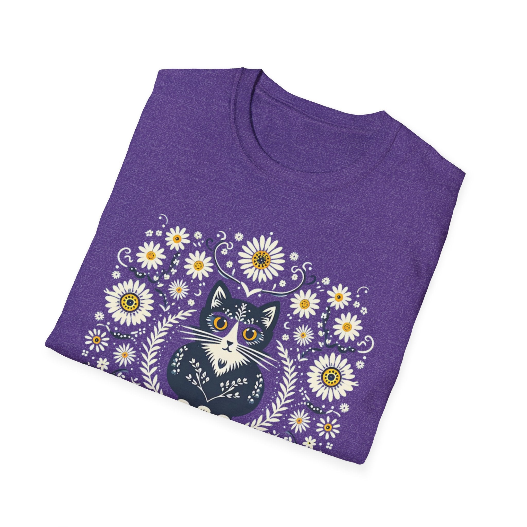 Cat Floral T-Shirt — Folk Art Kitty with Daisies