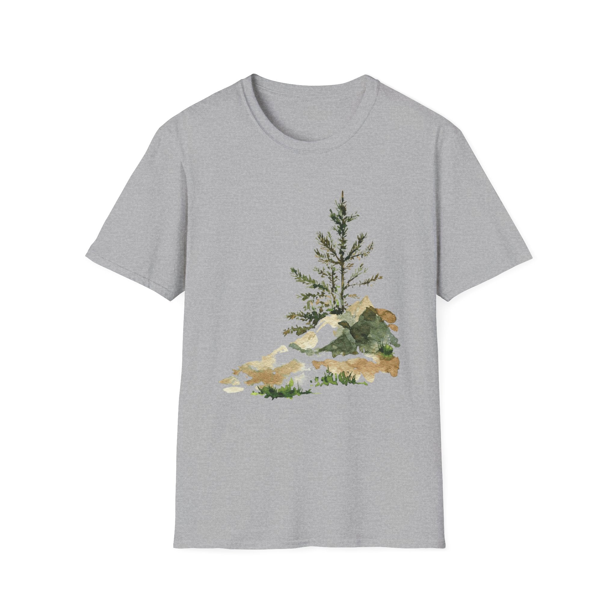 Nature Mountain T-Shirt — Watercolor Pine Tree Landscape