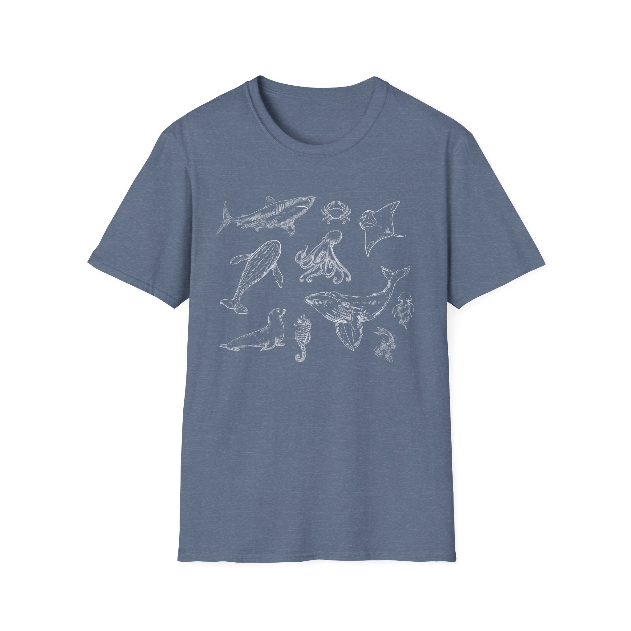 Marine Life Sketch T-Shirt — Minimal Ocean Creatures Illustration