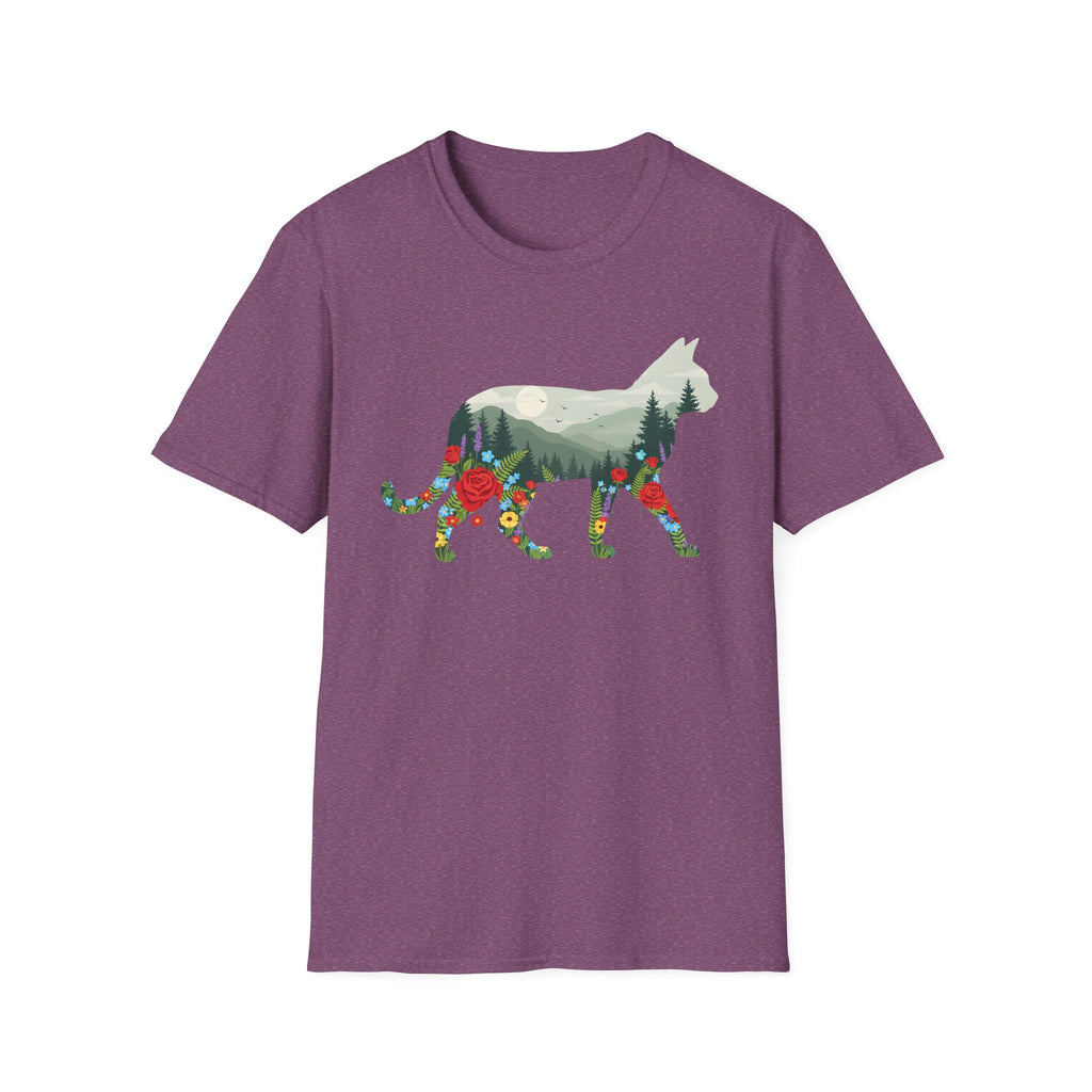 Cat Nature Silhouette T-Shirt — Floral Mountain Landscape Cat Tee