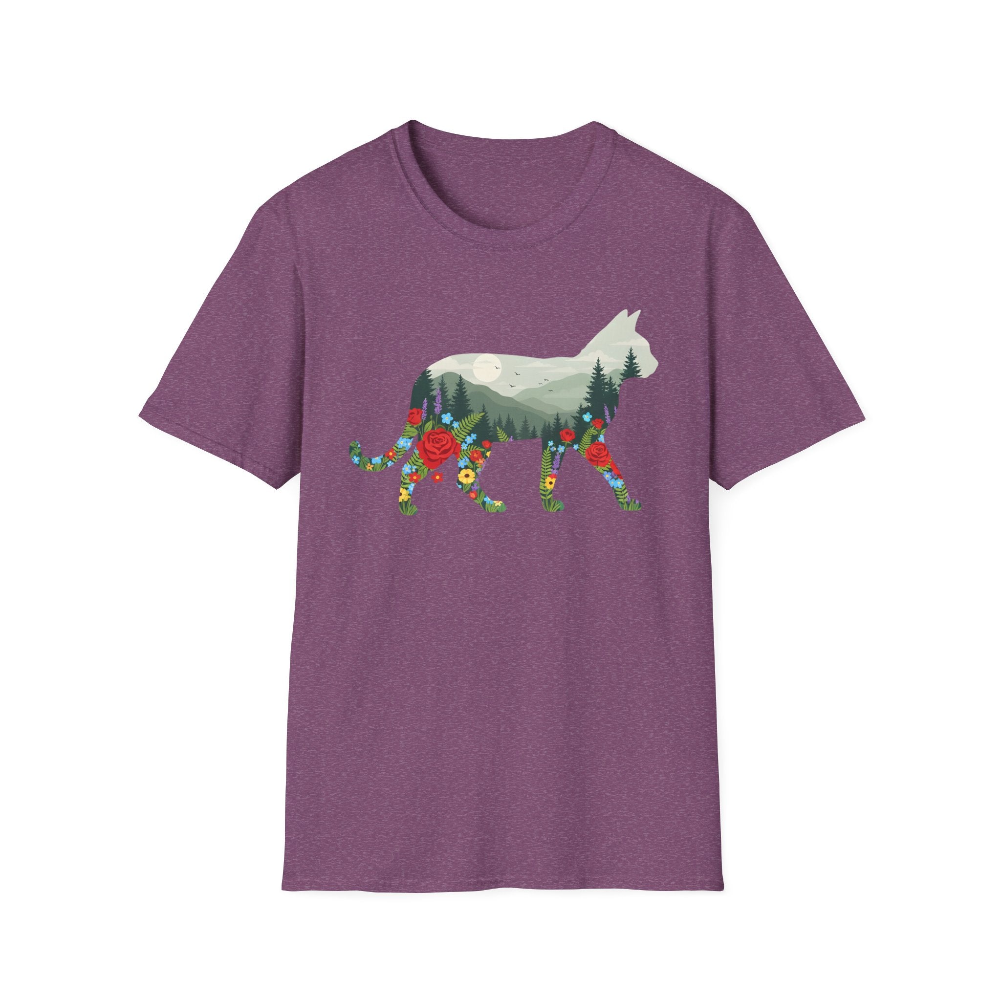Cat Nature Silhouette T-Shirt — Floral Mountain Landscape Cat Tee
