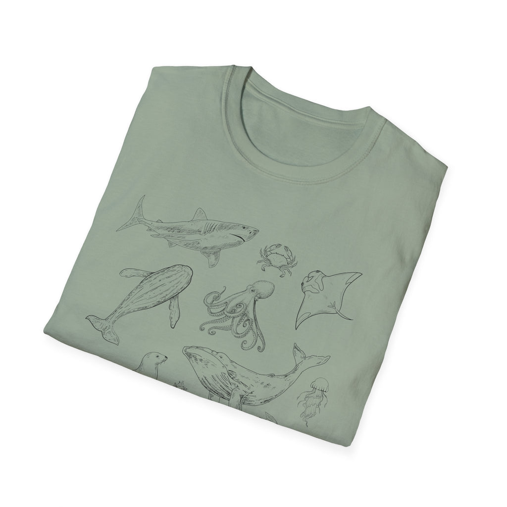 Marine Life Sketch T-Shirt — Minimal Ocean Creatures Illustration
