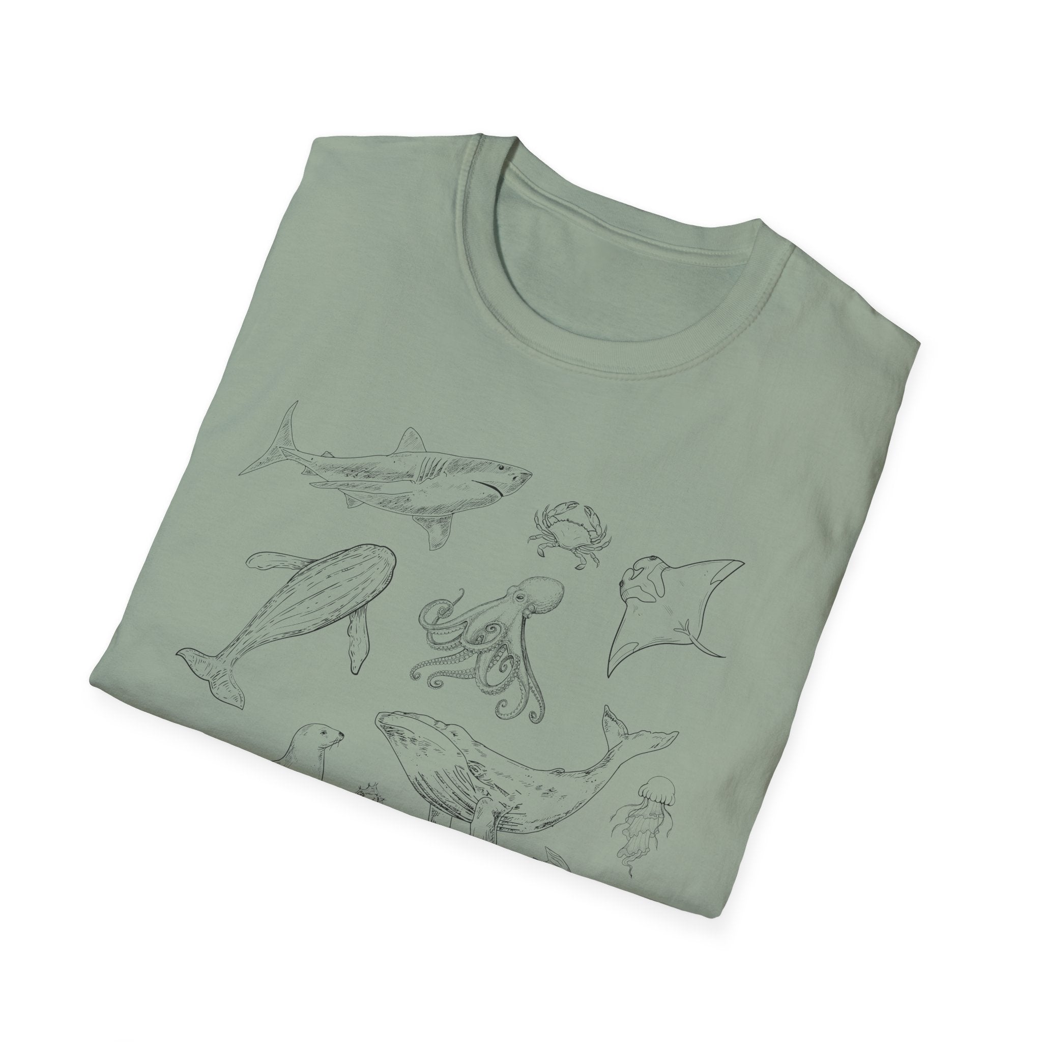 Marine Life Sketch T-Shirt — Minimal Ocean Creatures Illustration