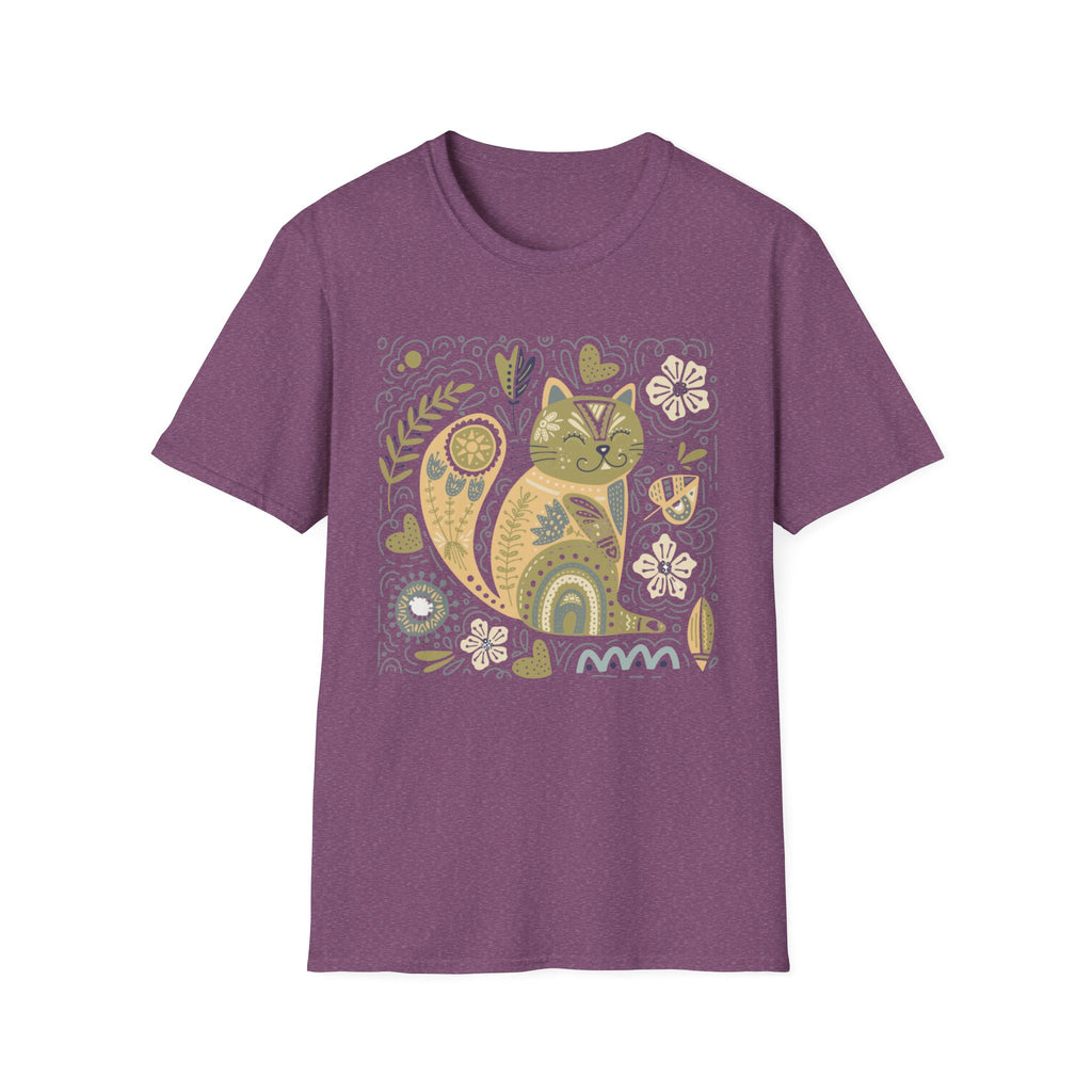 Folk Art Cat T-Shirt — Whimsical Floral Kitty Tee