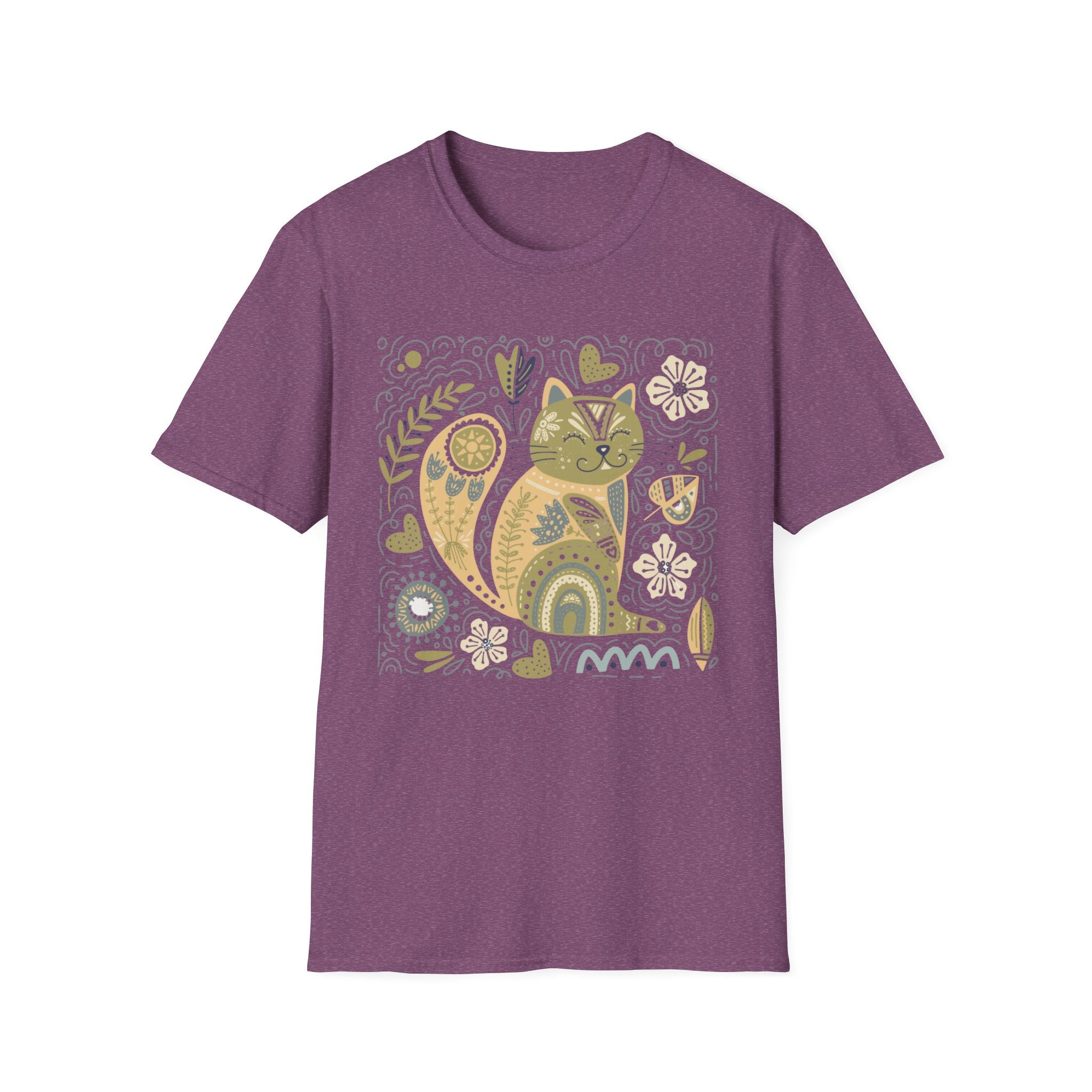 Folk Art Cat T-Shirt — Whimsical Floral Kitty Tee