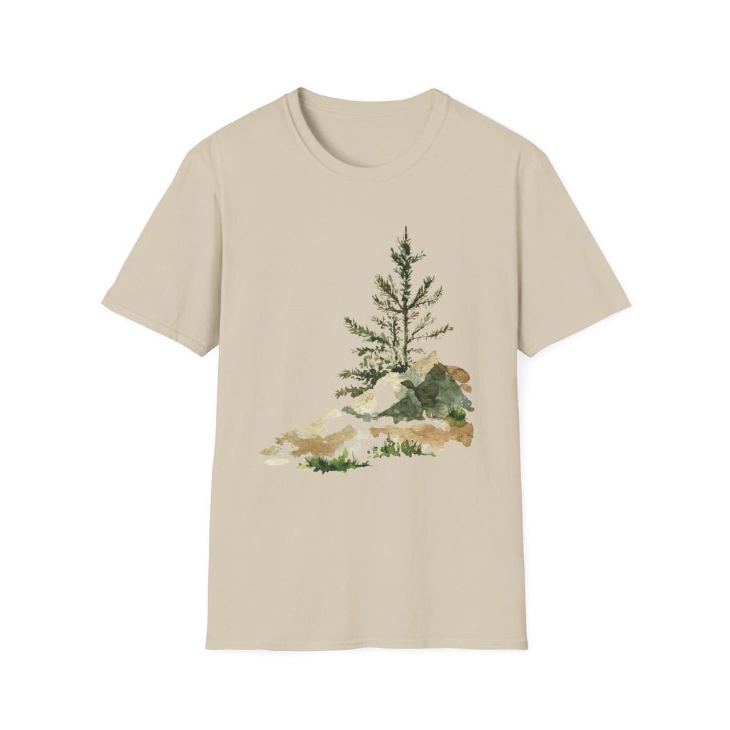 Nature Mountain T-Shirt — Watercolor Pine Tree Landscape