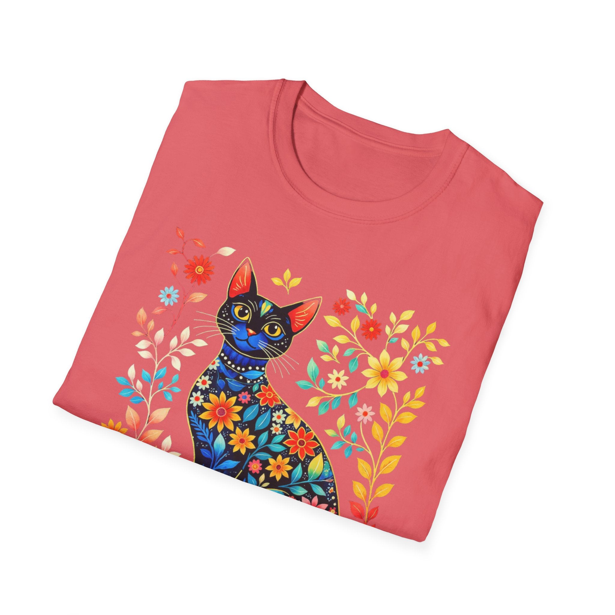 Floral Folk Art Cat T-Shirt — Colorful Boho Cat Tee