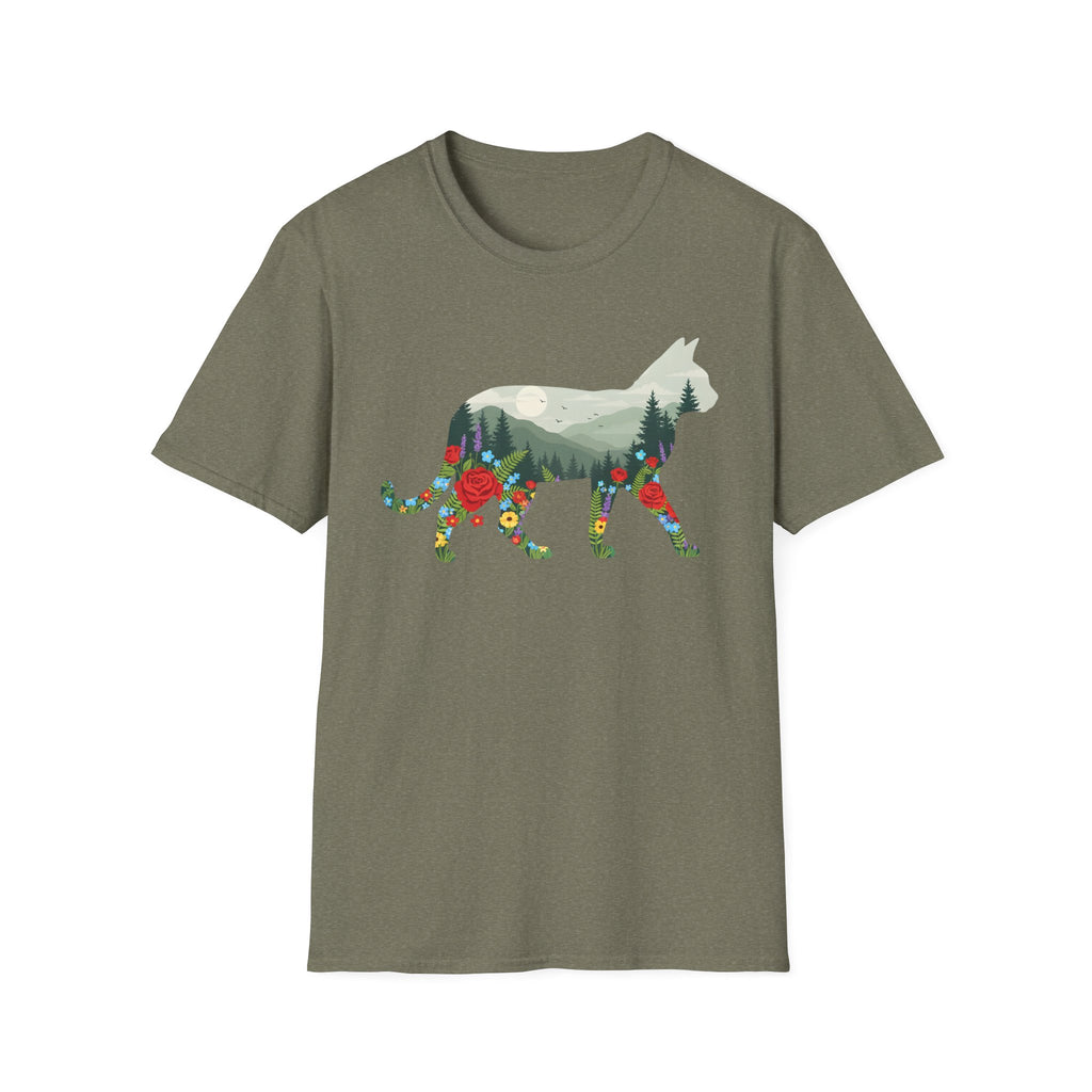 Cat Nature Silhouette T-Shirt — Floral Mountain Landscape Cat Tee