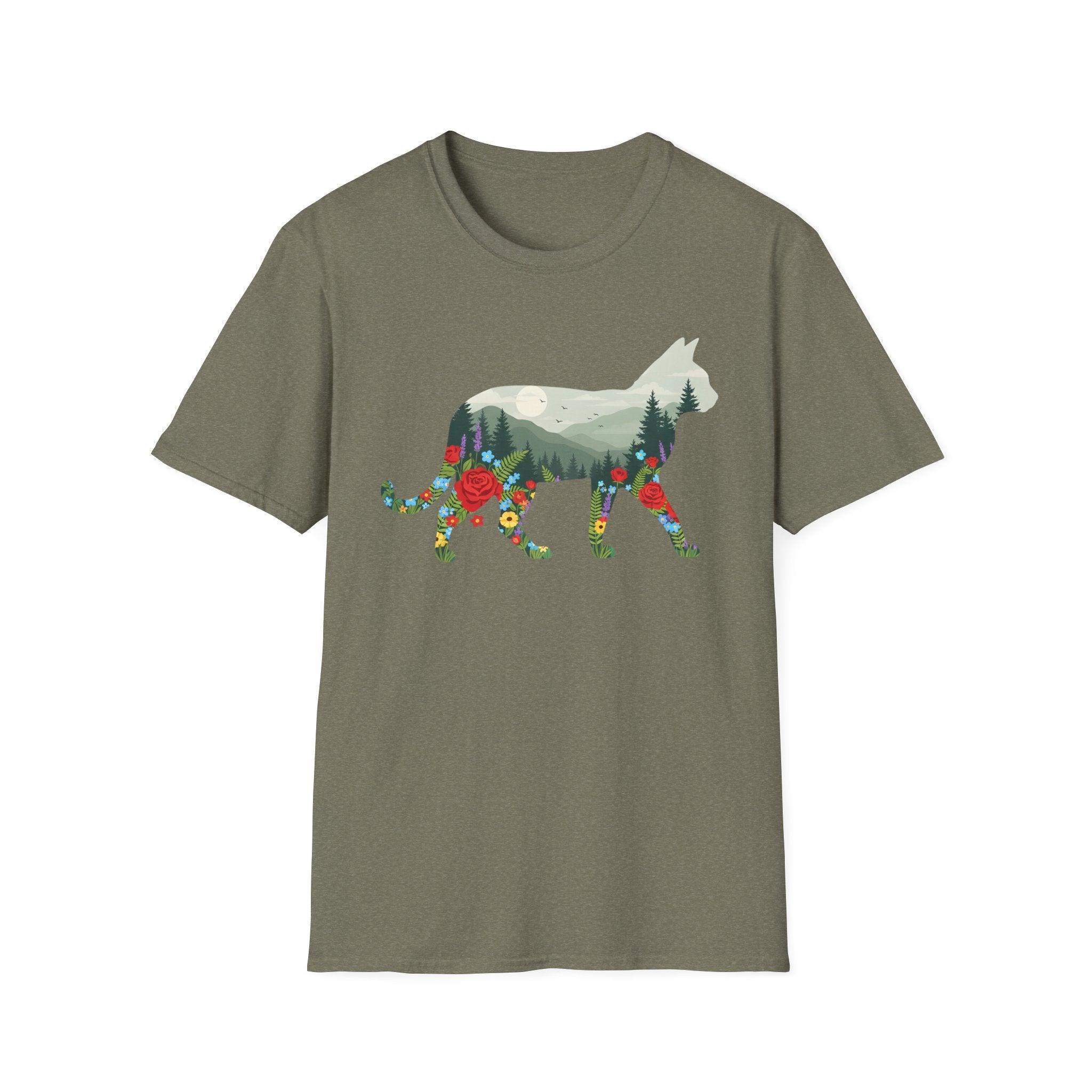 Cat Nature Silhouette T-Shirt — Floral Mountain Landscape Cat Tee