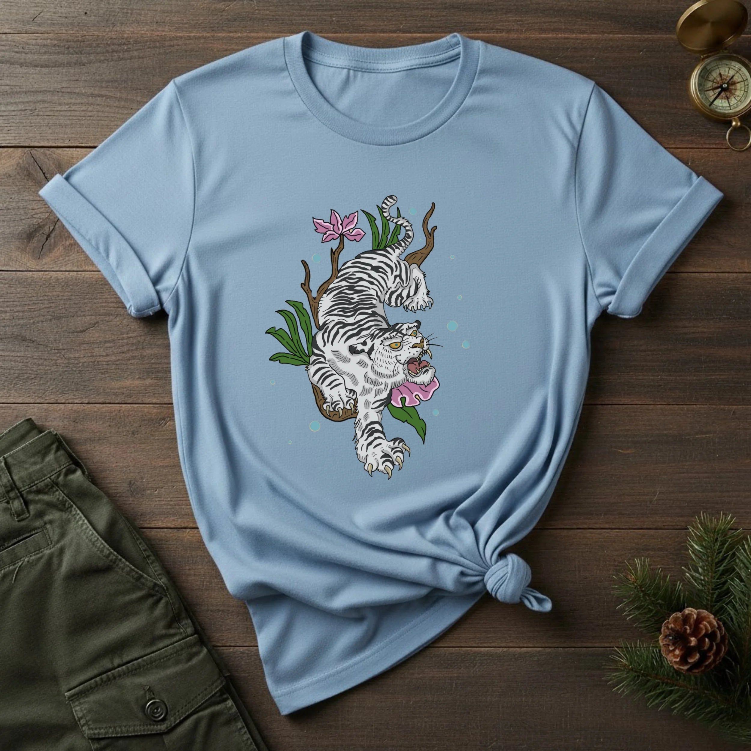 White T-Shirt with Floral White Tiger Illustration