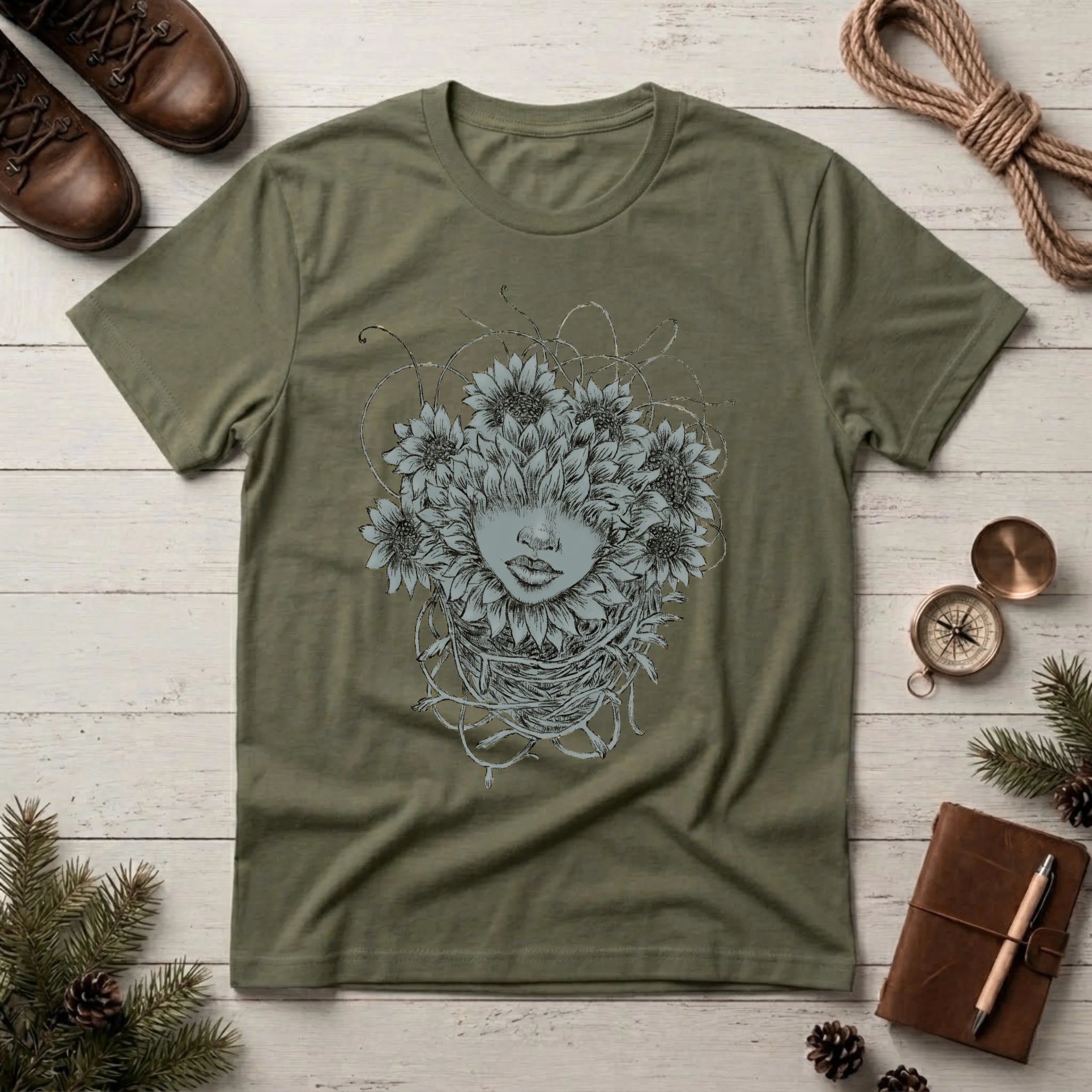 Floral Face Art T-Shirt — Botanical Woman Graphic Tee