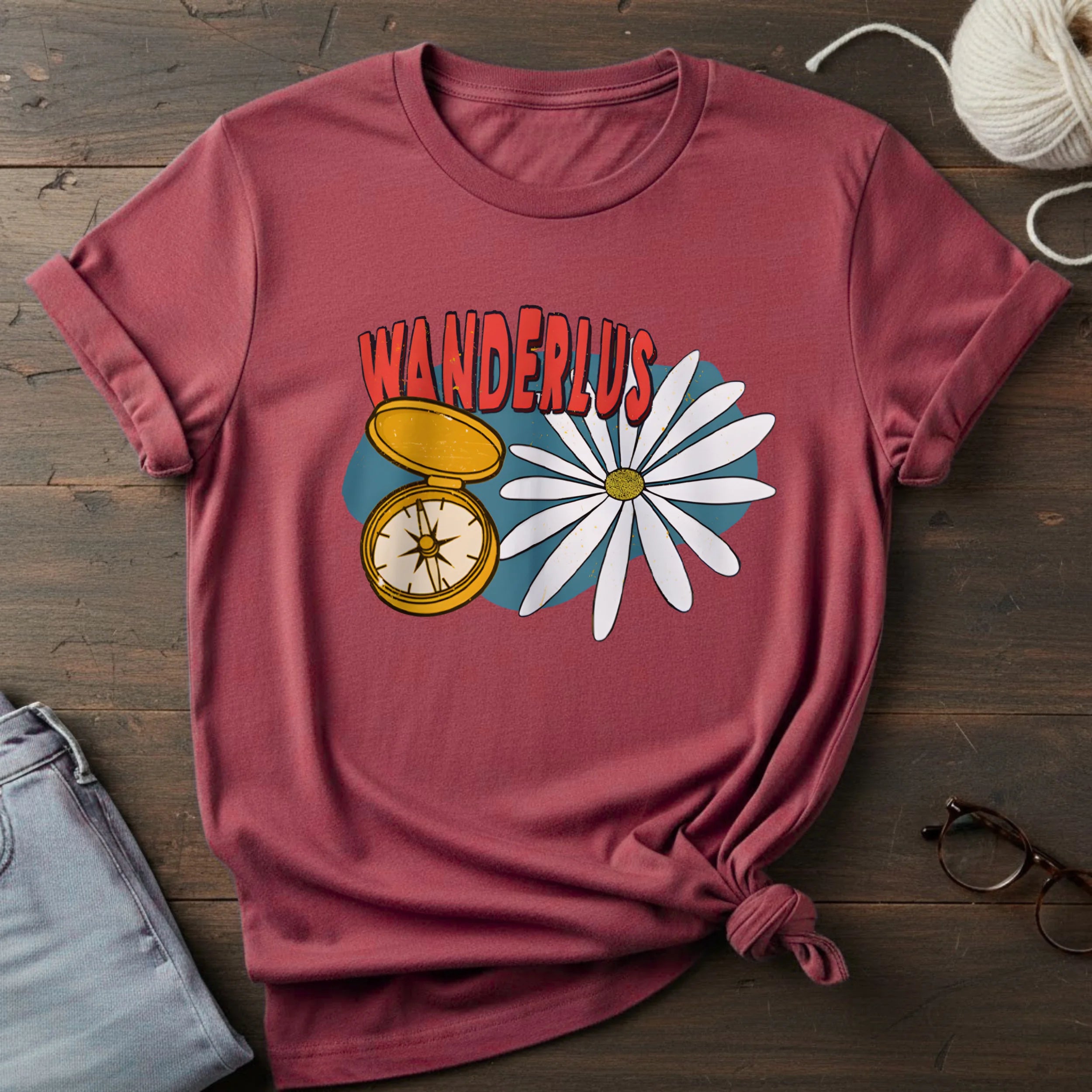 Wanderlust Compass & Daisy T-Shirt – Vintage Travel Graphic Tee