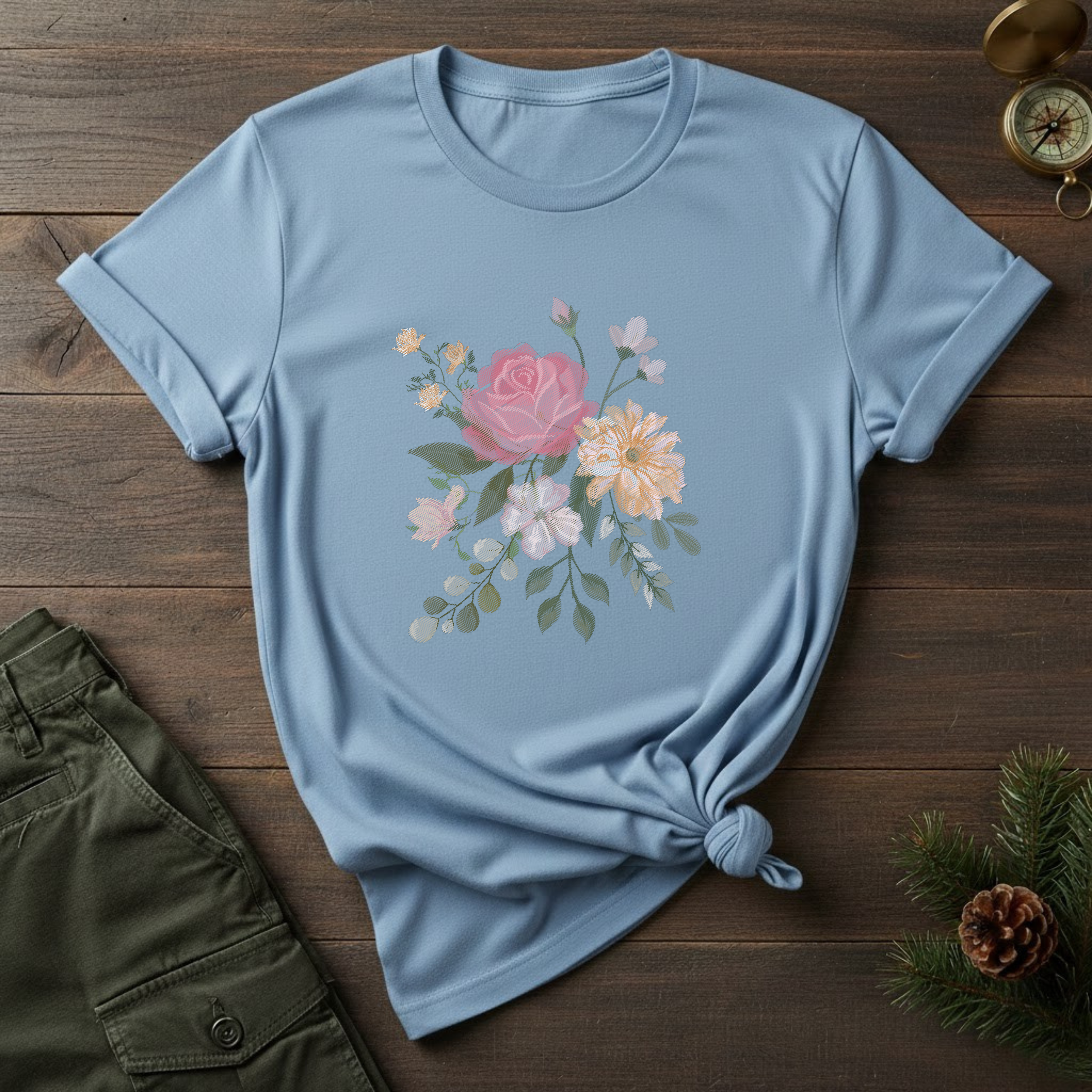 Floral Watercolor Bouquet T-Shirt — Soft Vintage Rose Graphic Tee
