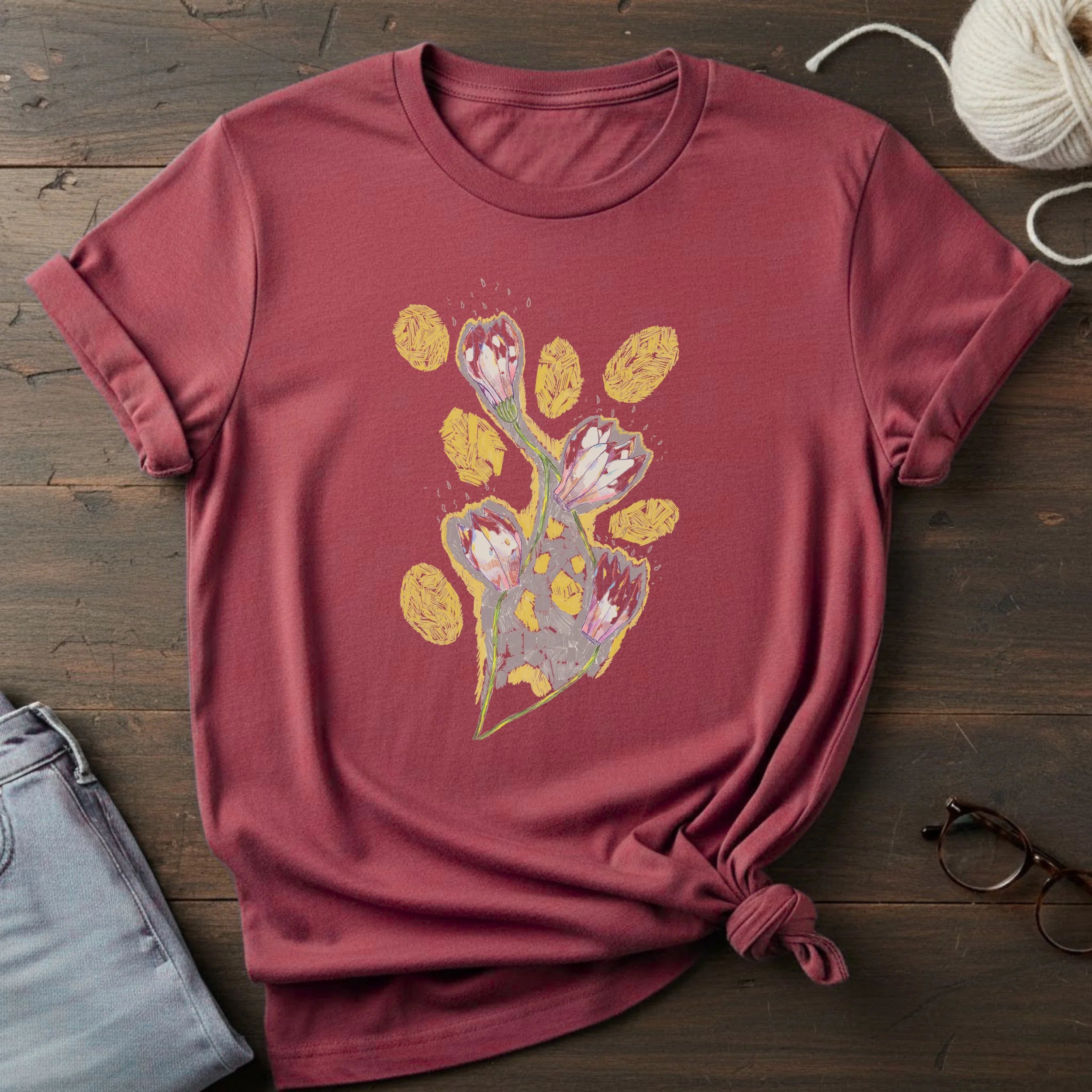Floral Bouquet Tee — Pastel Tulip & Gold Leaf Graphic T-Shirt