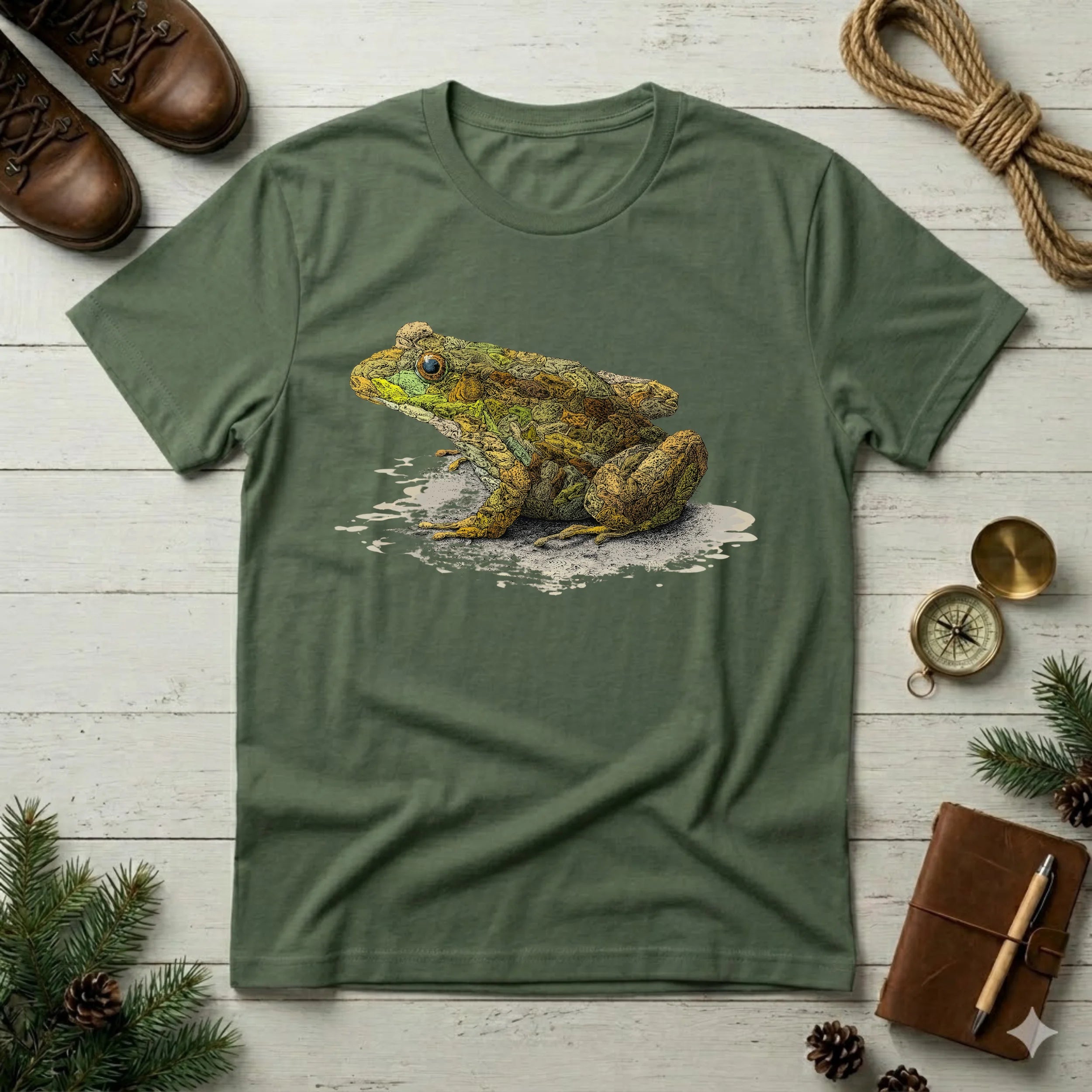 Frog Art T-Shirt — Realistic Green Frog Illustration Tee