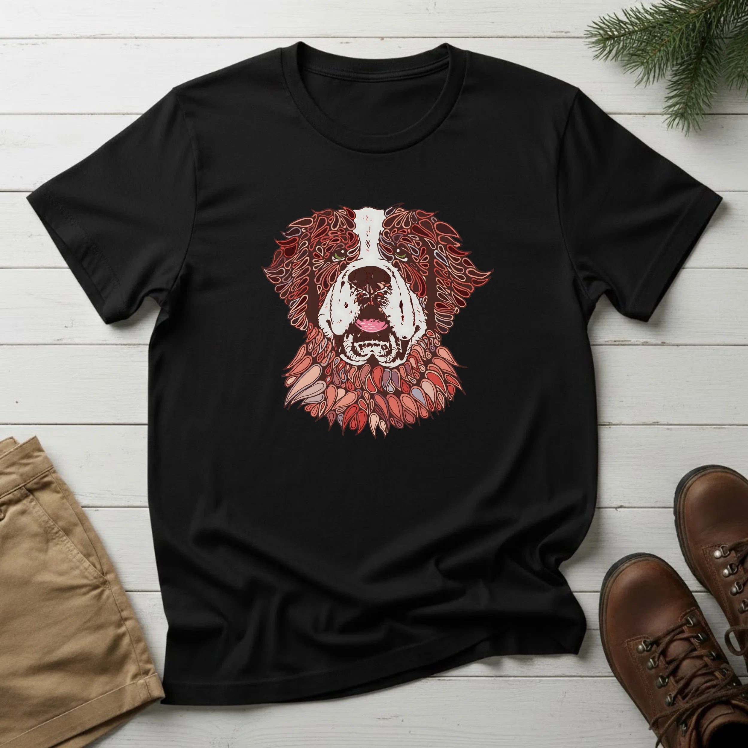 Saint Bernard Floral Portrait T-Shirt — Rustic Dog Lover Tee