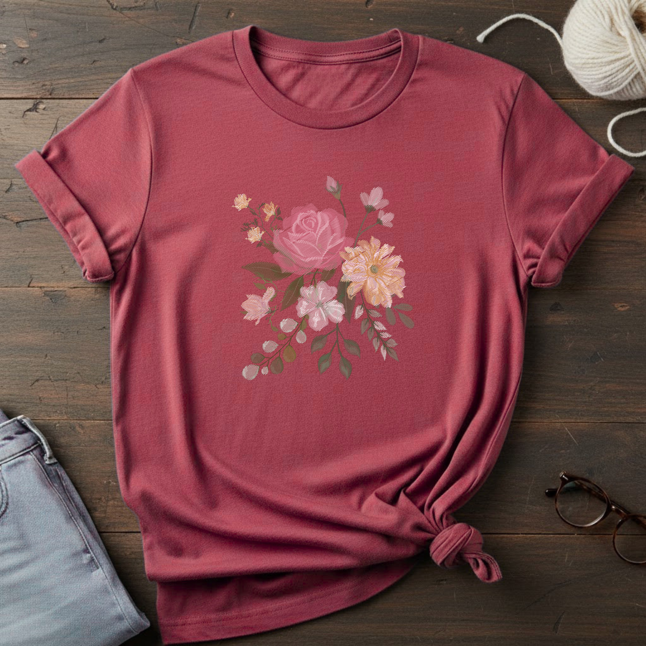 Floral Watercolor Bouquet T-Shirt — Soft Vintage Rose Graphic Tee
