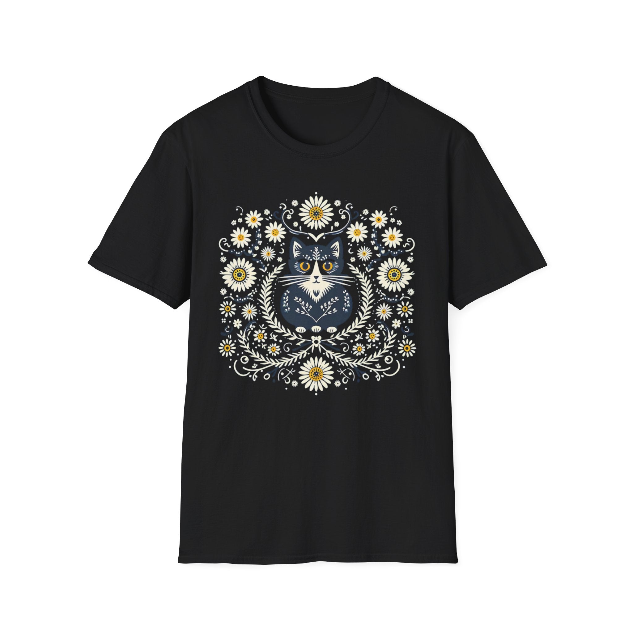 Cat Floral T-Shirt — Folk Art Kitty with Daisies