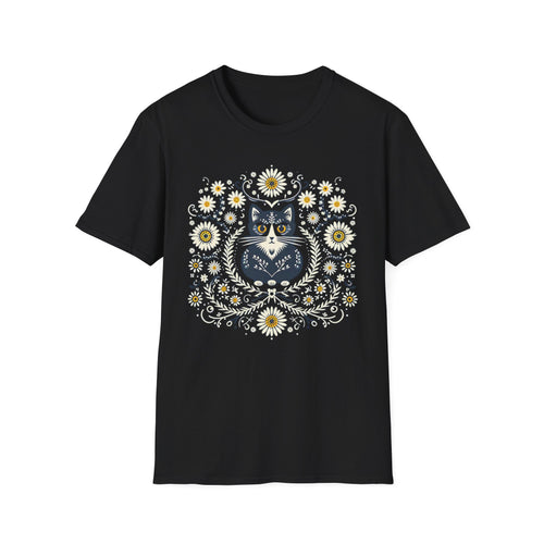 Cat Floral T-Shirt — Folk Art Kitty with Daisies