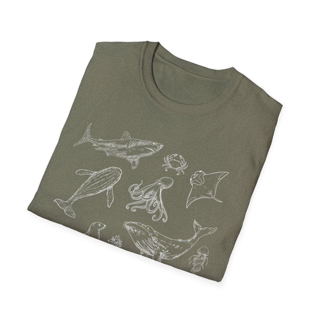 Marine Life Sketch T-Shirt — Minimal Ocean Creatures Illustration