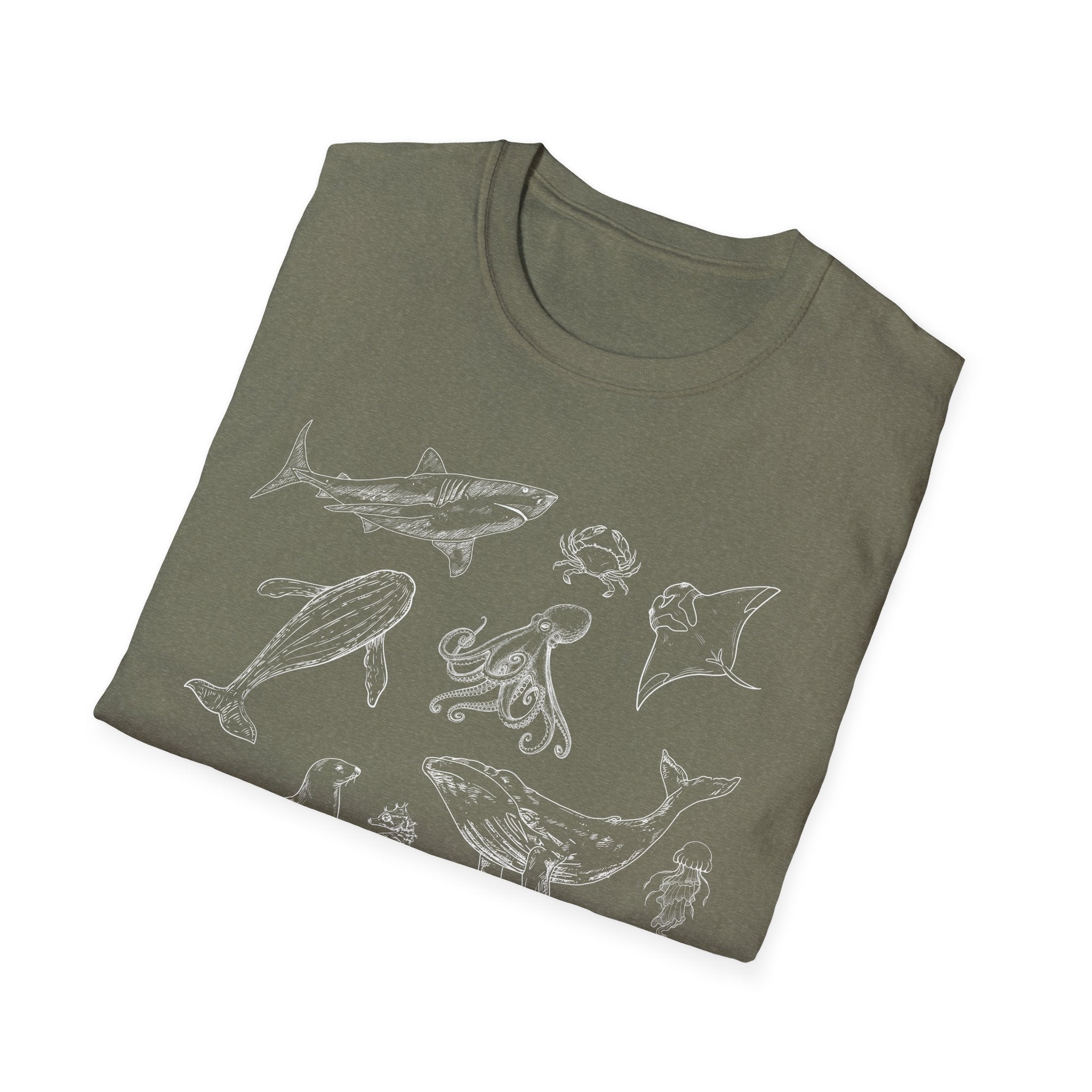 Marine Life Sketch T-Shirt — Minimal Ocean Creatures Illustration
