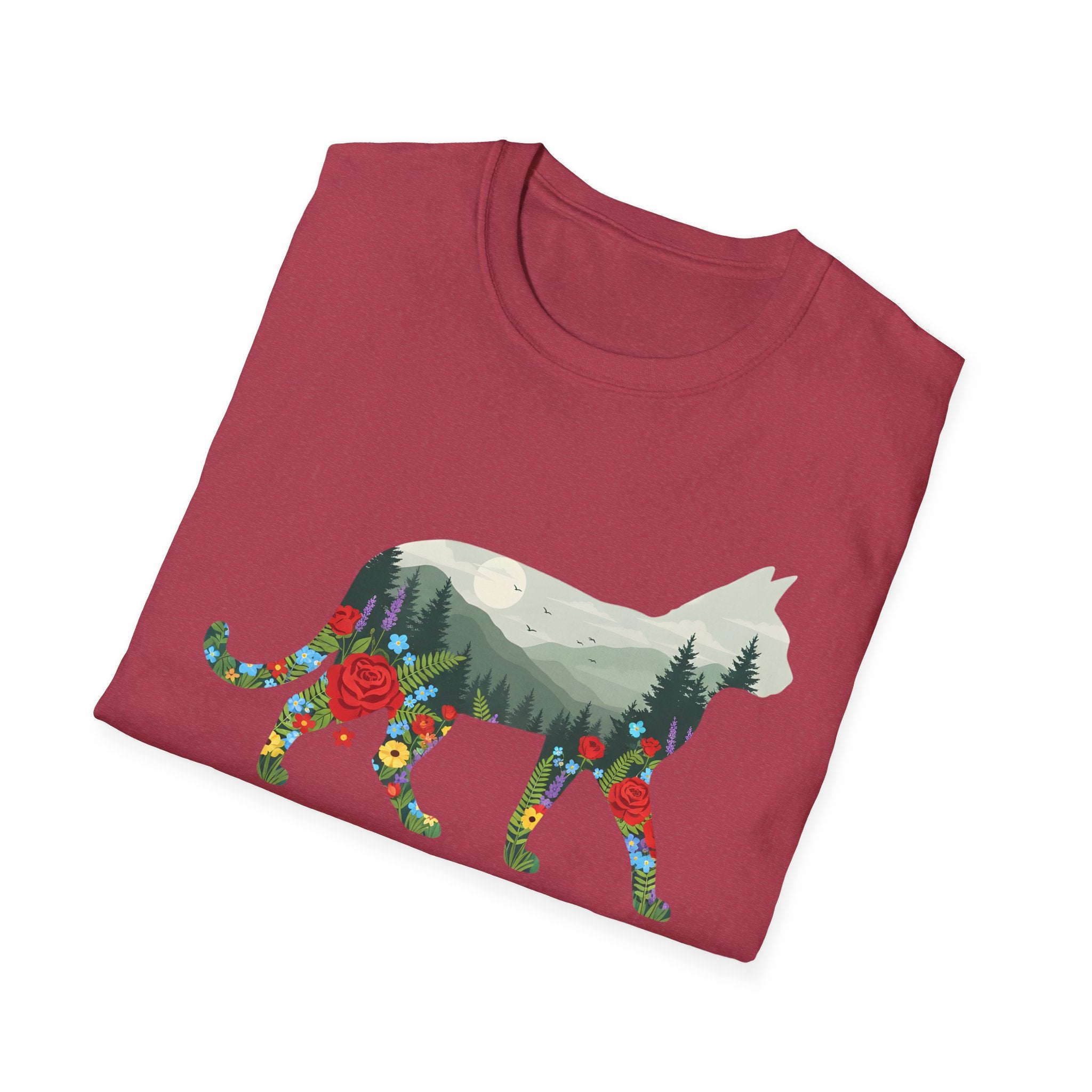 Cat Nature Silhouette T-Shirt — Floral Mountain Landscape Cat Tee