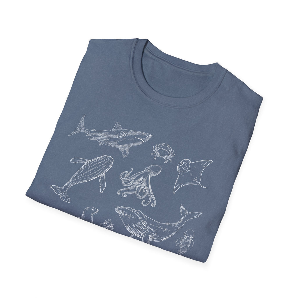 Marine Life Sketch T-Shirt — Minimal Ocean Creatures Illustration