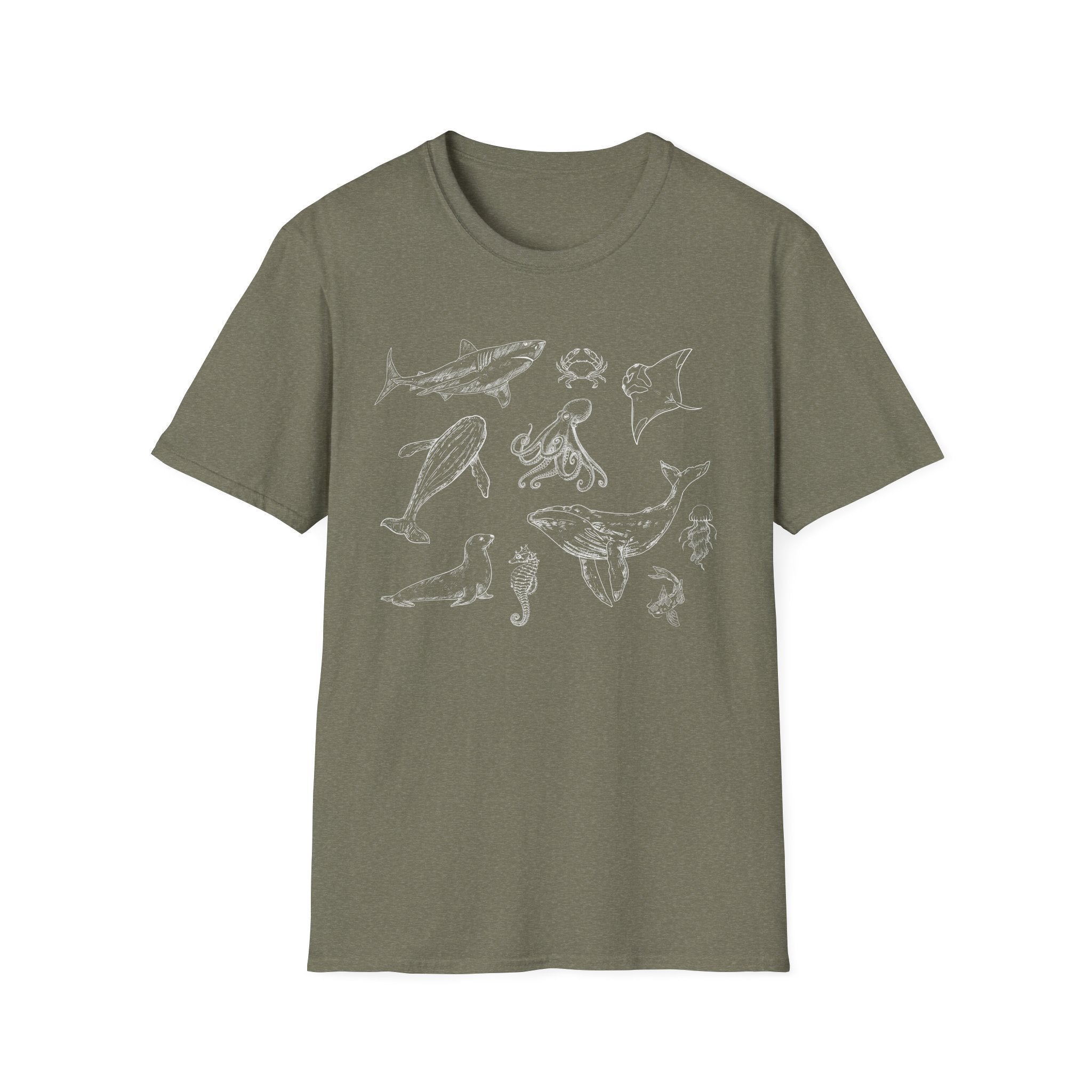 Marine Life Sketch T-Shirt — Minimal Ocean Creatures Illustration