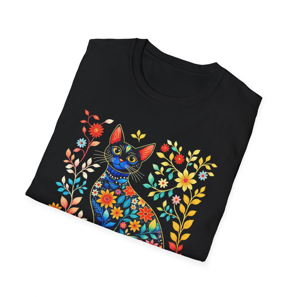 Floral Folk Art Cat T-Shirt — Colorful Boho Cat Tee