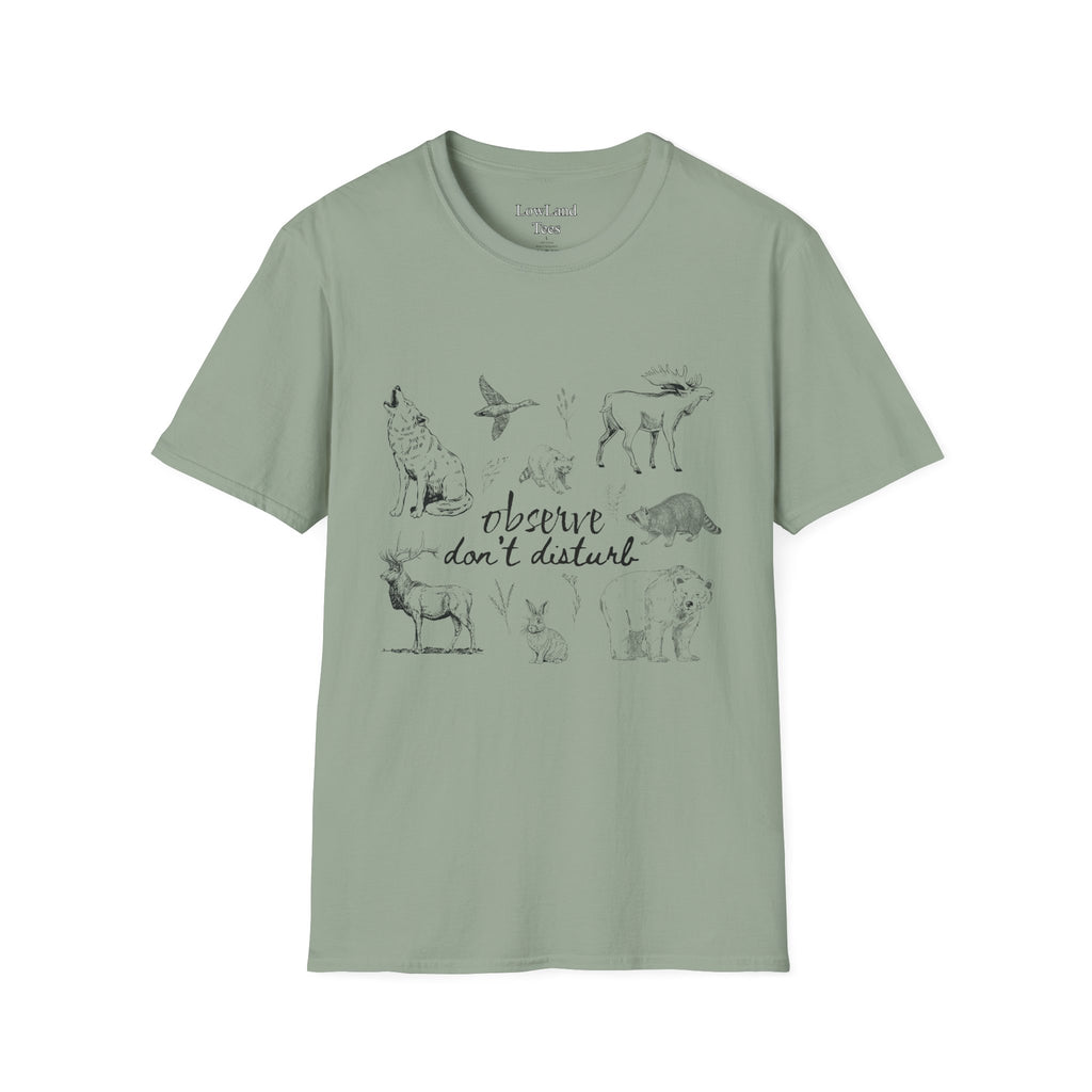 Observe Don’t Disturb T-Shirt — Vintage Sketch Wildlife Field Guide Tee