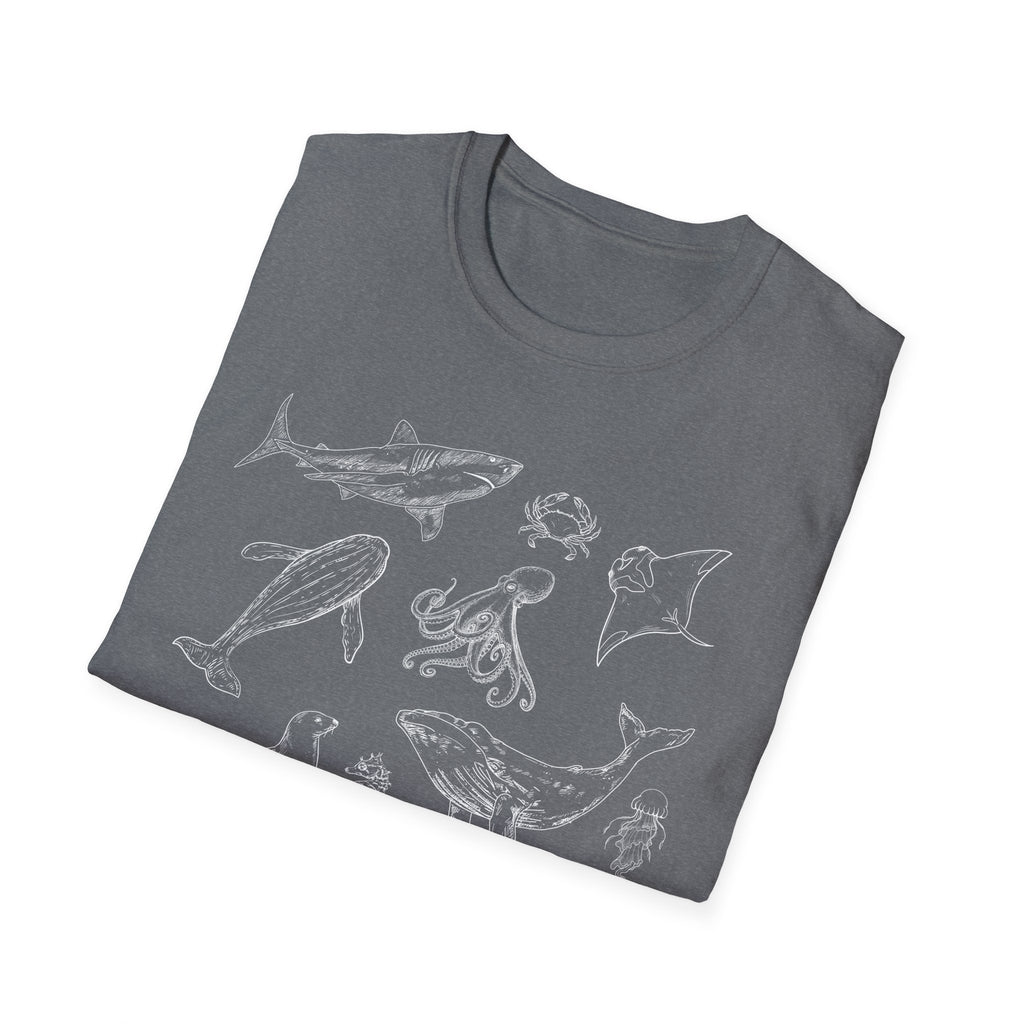 Marine Life Sketch T-Shirt — Minimal Ocean Creatures Illustration
