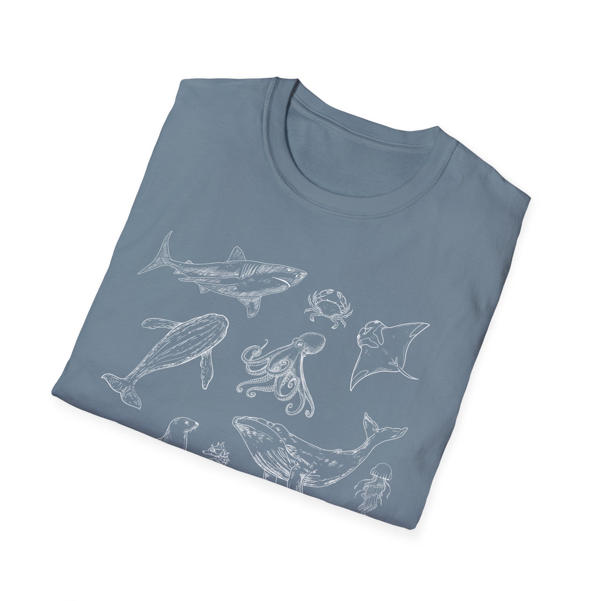 Marine Life Sketch T-Shirt — Minimal Ocean Creatures Illustration