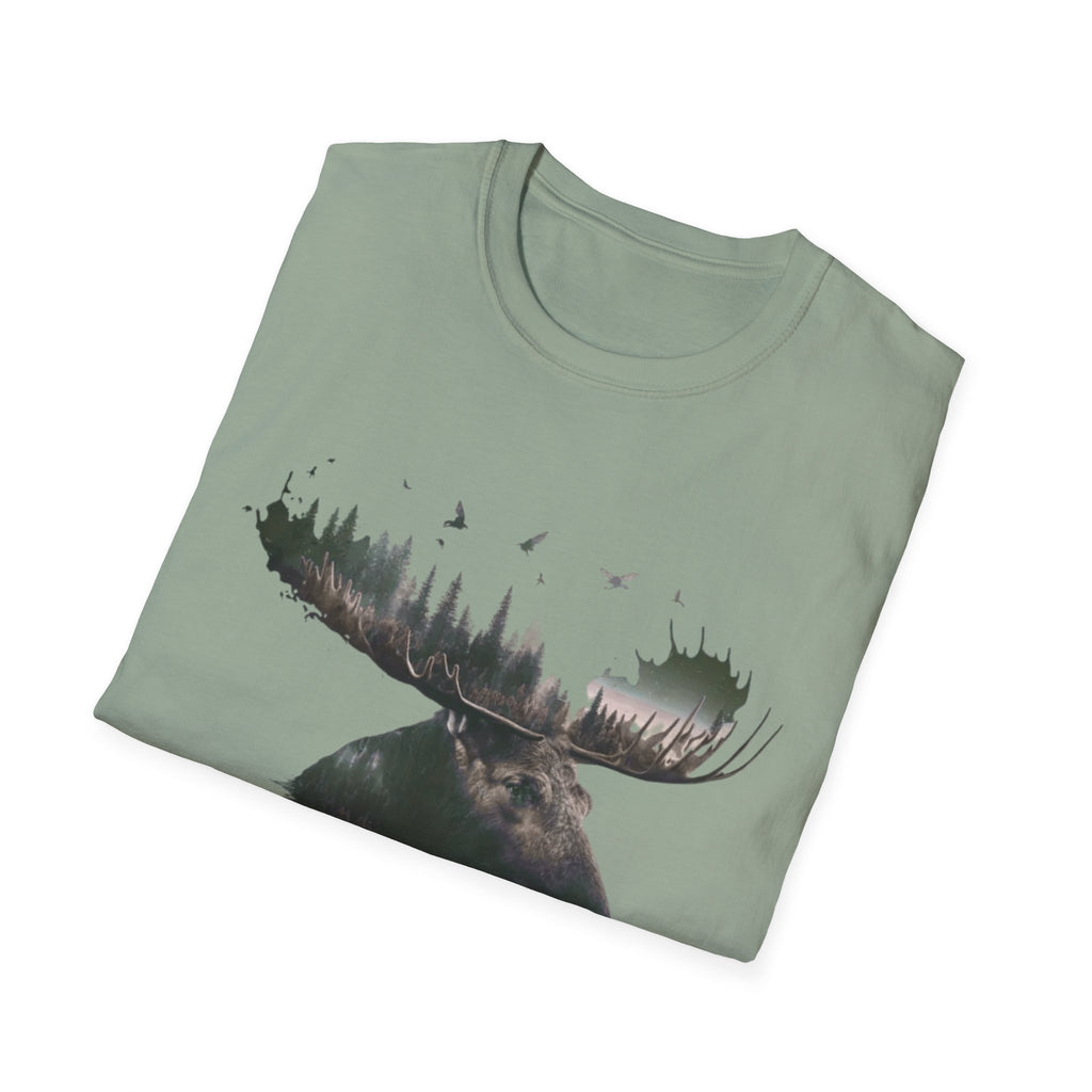 Moose Silhouette T-Shirt — Forest Double-Exposure Wildlife Tee