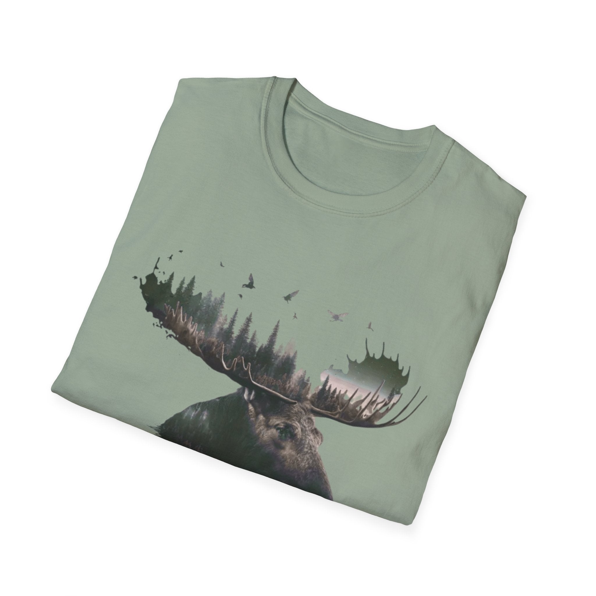 Moose Silhouette T-Shirt — Forest Double-Exposure Wildlife Tee