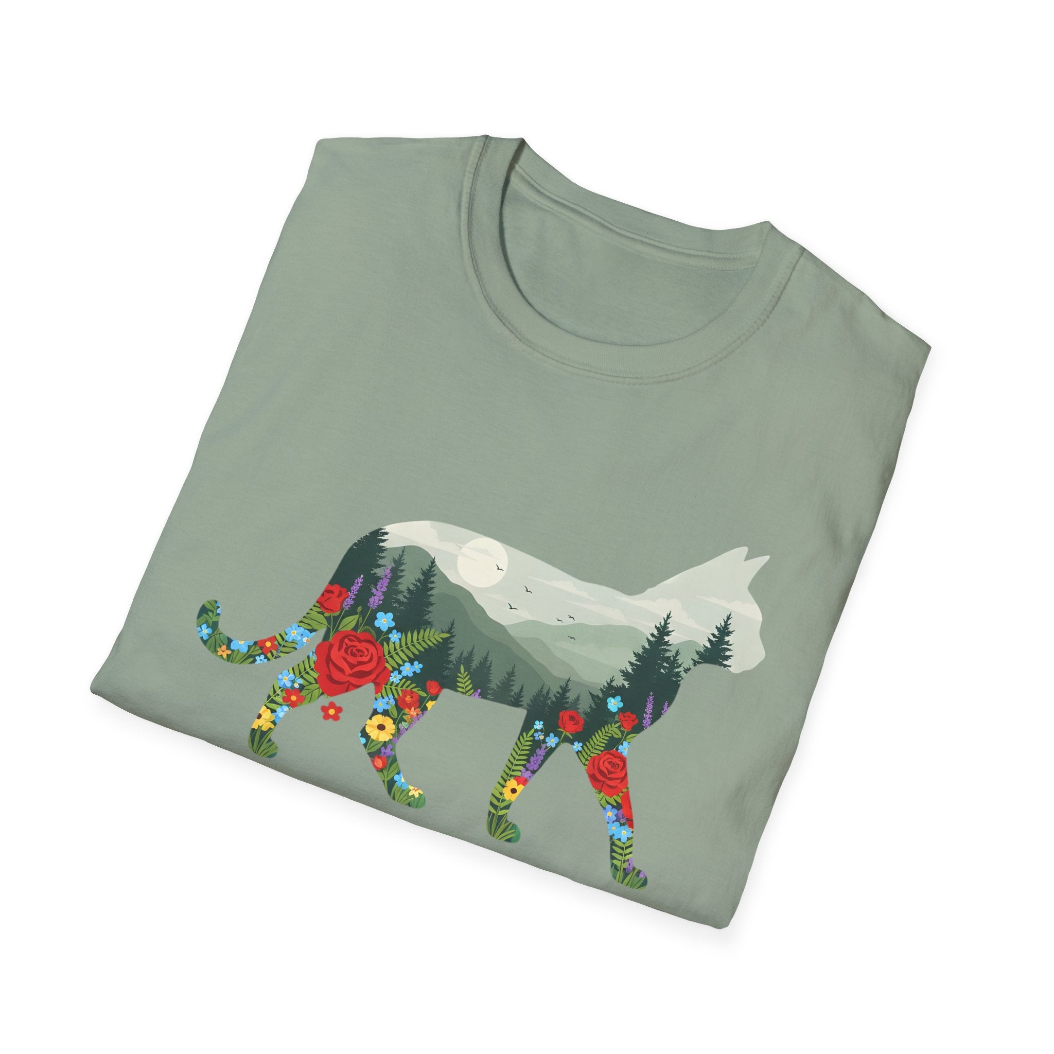 Cat Nature Silhouette T-Shirt — Floral Mountain Landscape Cat Tee