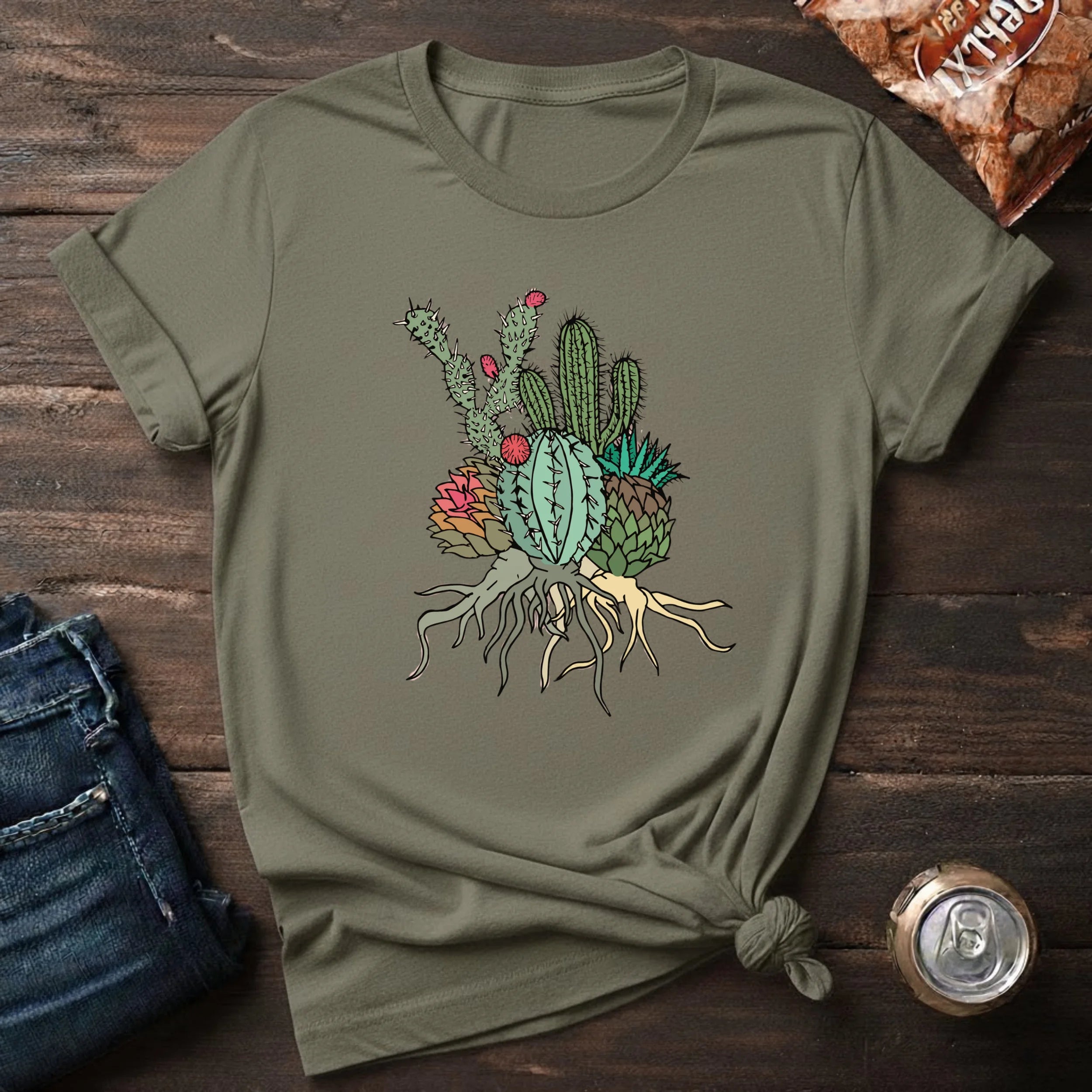 Cactus Cluster T‑Shirt — Botanical Succulent Illustration Tee