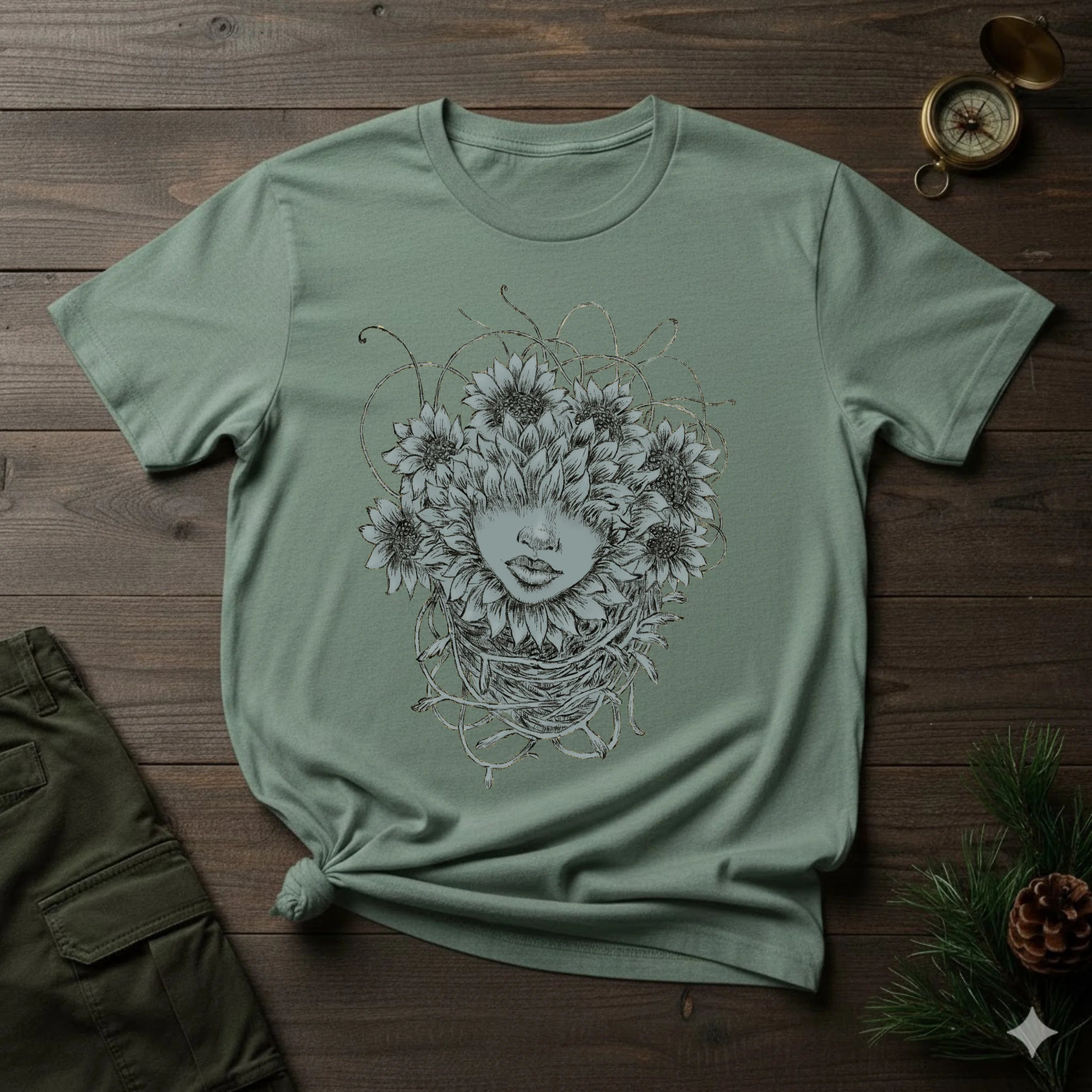 Floral Face Art T-Shirt — Botanical Woman Graphic Tee