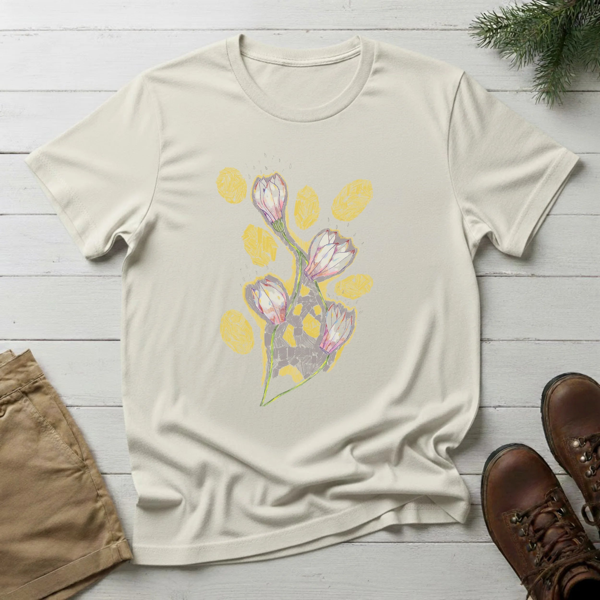 Floral Bouquet Tee — Pastel Tulip & Gold Leaf Graphic T-Shirt