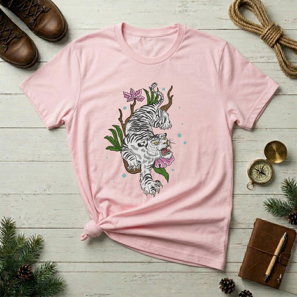 White T-Shirt with Floral White Tiger Illustration