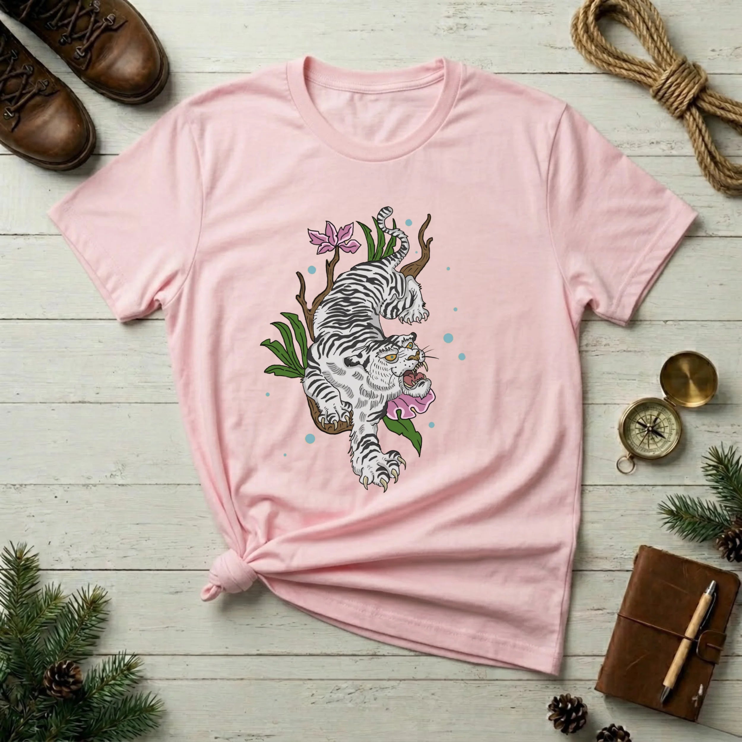 White T-Shirt with Floral White Tiger Illustration