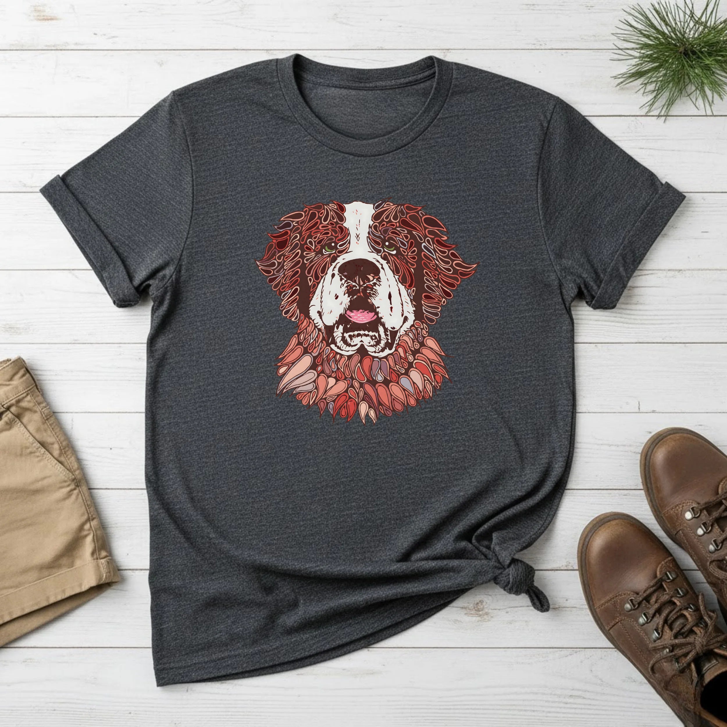 Saint Bernard Floral Portrait T-Shirt — Rustic Dog Lover Tee