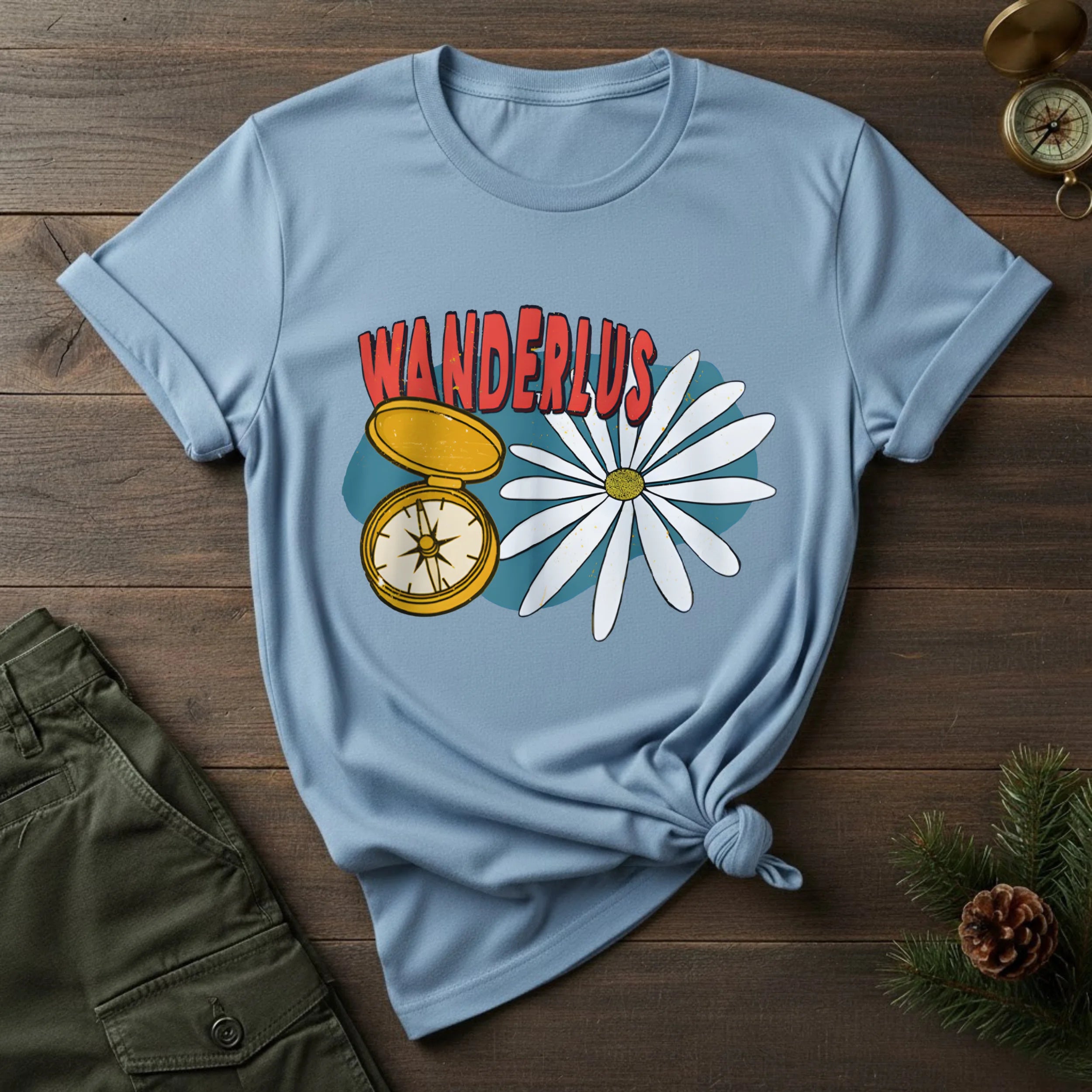 Wanderlust Compass & Daisy T-Shirt – Vintage Travel Graphic Tee