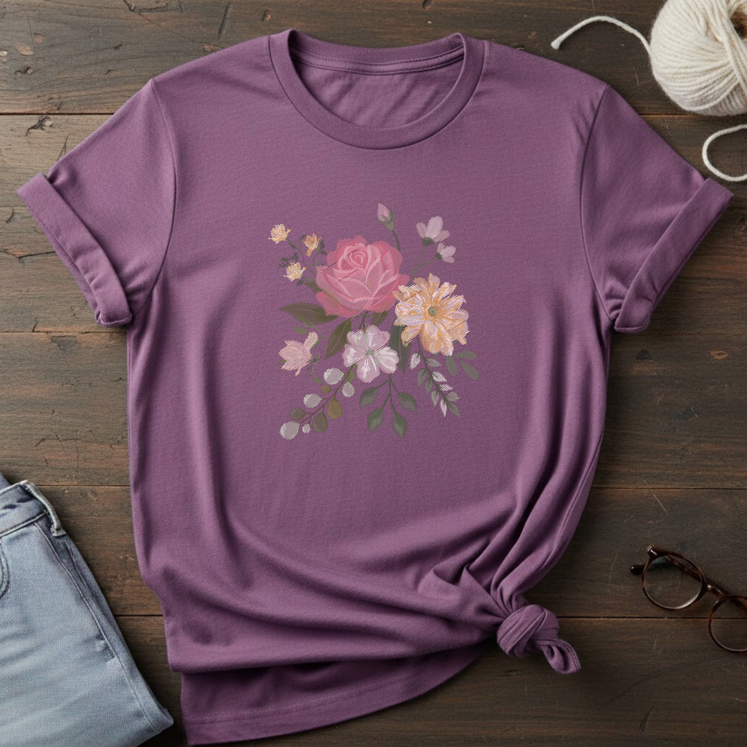 Floral Watercolor Bouquet T-Shirt — Soft Vintage Rose Graphic Tee