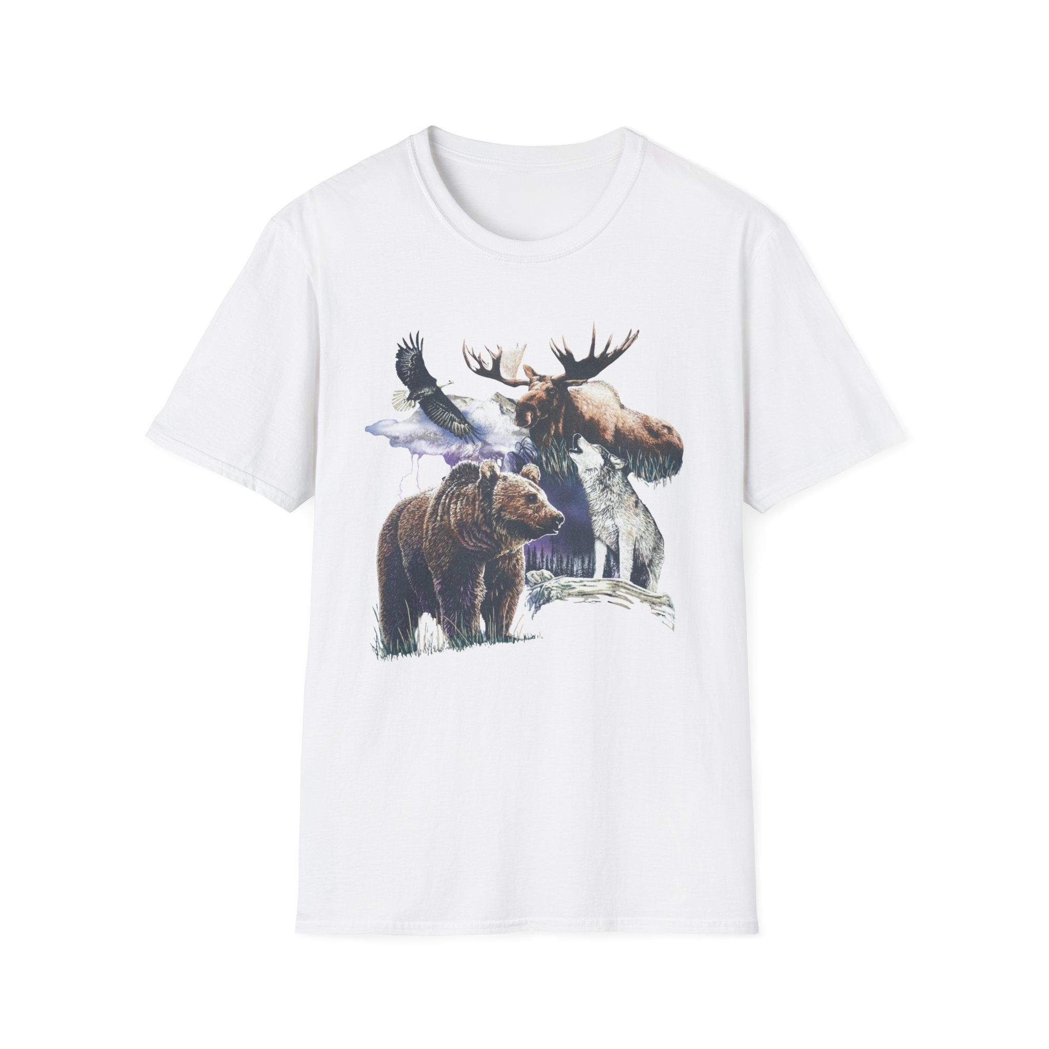 Wildlife Watercolor T-Shirt — Moose, Bear & Eagle Nature Tee