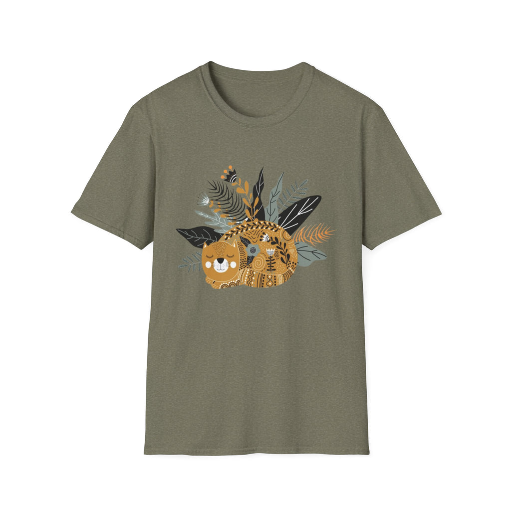 Cat Floral Tee — Cozy Patterned Cat with Botanical Leaves T-Shirt